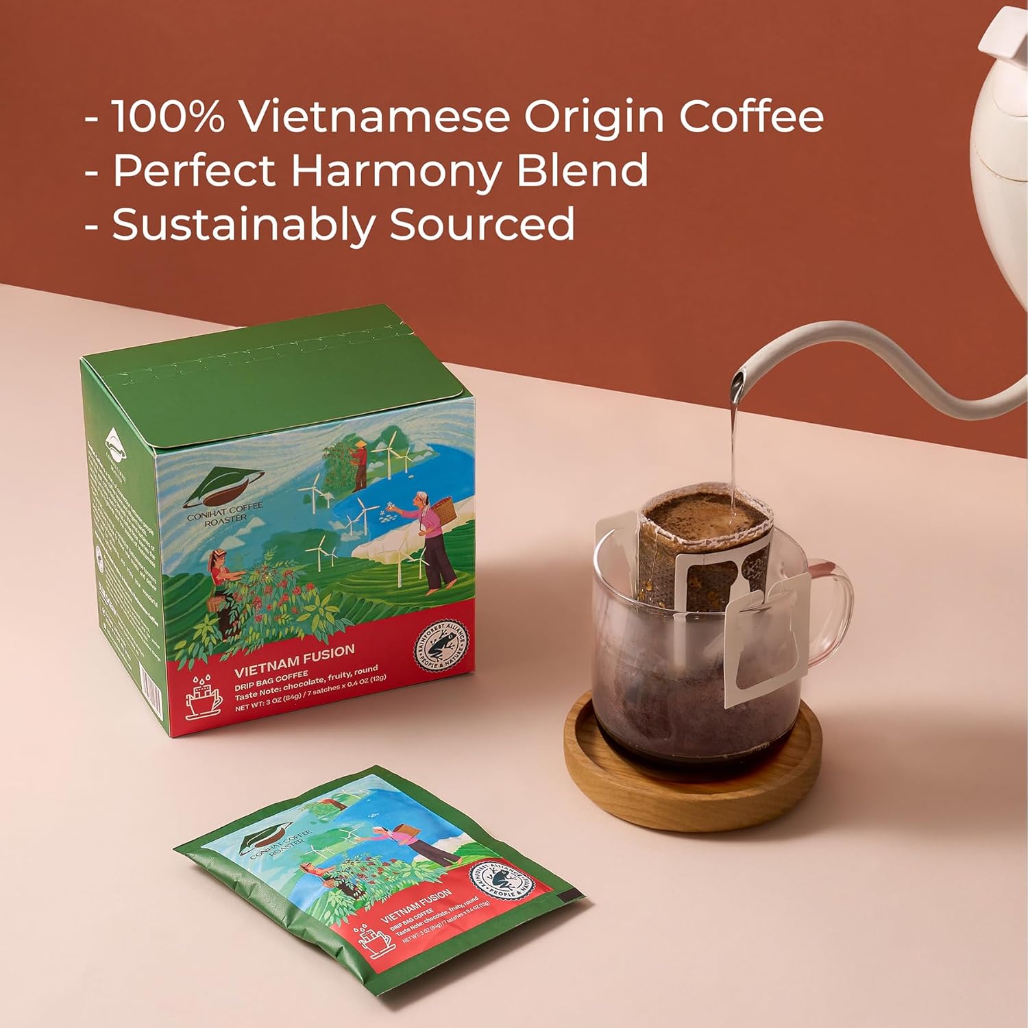 Conihat Coffee Vietnamese Premium Drip Bags Bundle with 100% Arabica Whole Bean Coffee, Dark Roast, 16 Oz Bag, Single Origin, Rainforest Alliance
