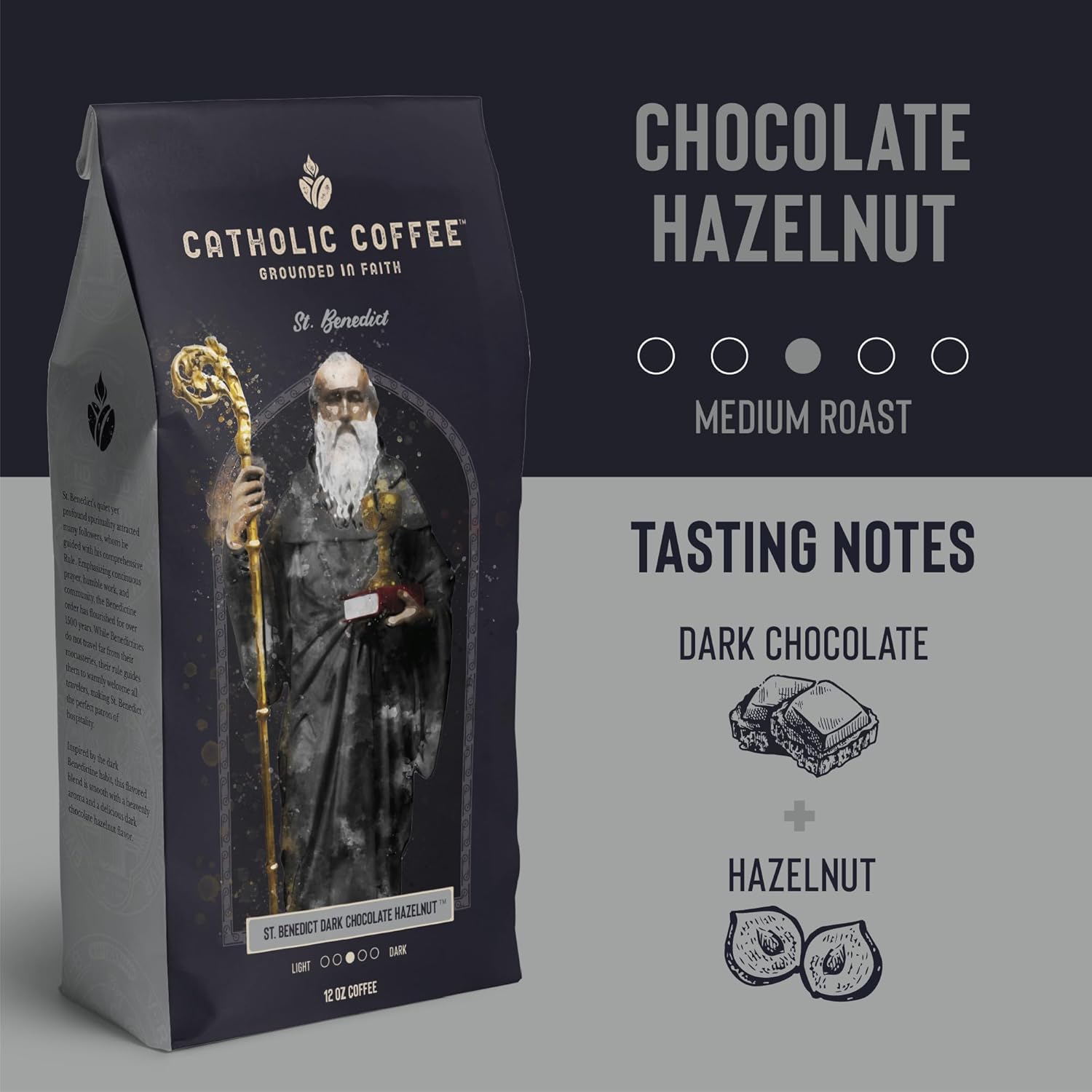 St. Benedict Chocolate Hazelnut Blend Medium Roast Catholic Coffee (Ground) 12 ounces - Small-Batch Crafted, For Catholic Faithful & Coffee Lovers