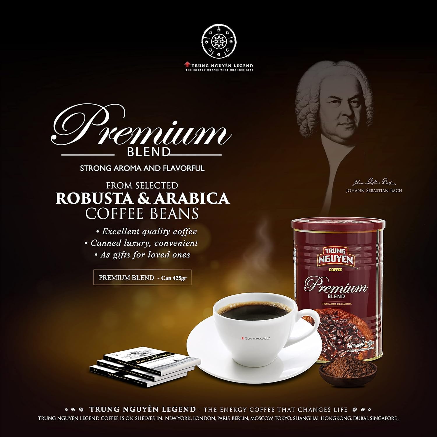 TRUNG NGUYEN LEGEND PREMIUM BLEND Premium Roasted Ground Coffee - Intense Flavor and Chocolate Fragrant by Robusta & Arabica Coffee Beans Blend - Full City Roast with Low Acidity (425g/Can)