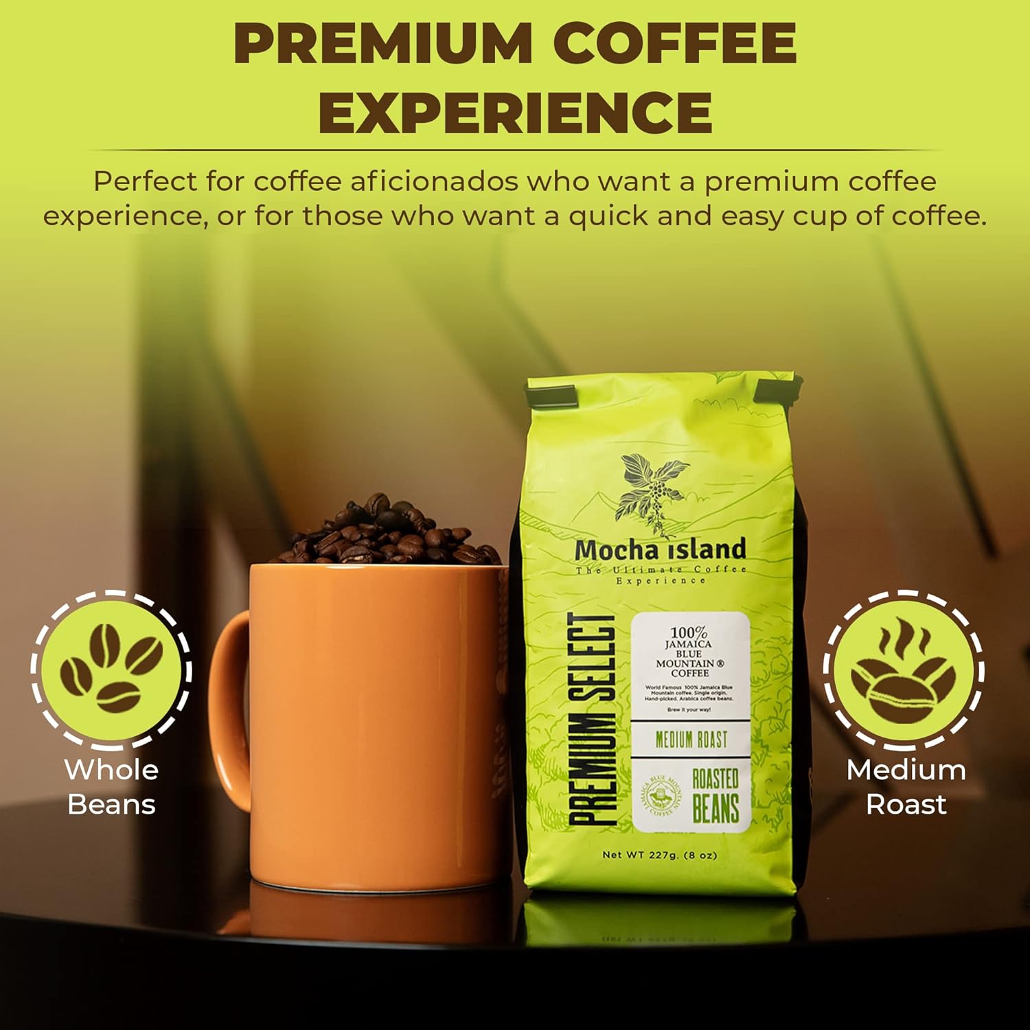 Mocha Island Blue Mountain Coffee from Jamaica Medium Roast Whole Beans (8oz)