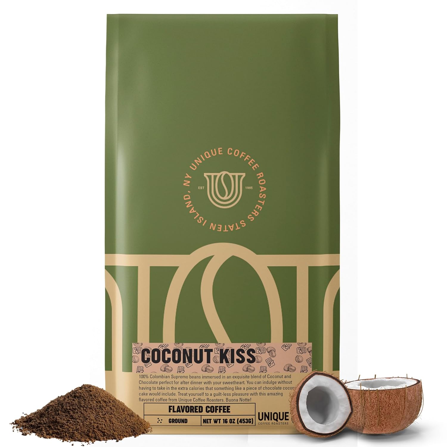 Island Toasted 'Coconut Kiss' Flavored Ground Coffee, 1 LB (16 oz) bag, Medium Roast, 100% Arabica Premium Quality Flavor
