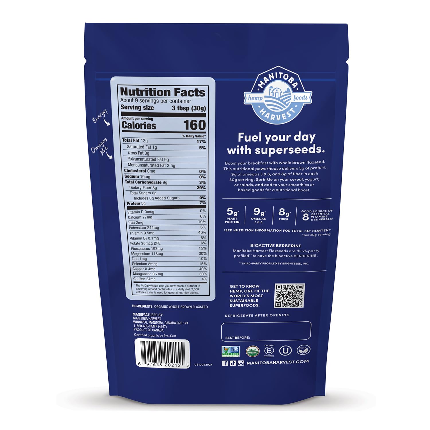 Manitoba Harvest Whole Organic Flaxseed, 5g Plant Based Protein and 9g Omegas 3 & 6 per 30g Serving - Perfect for Smoothies, Yogurt & Cereal - Non-GMO, Organic, Vegan, 10oz (Pack of 1)