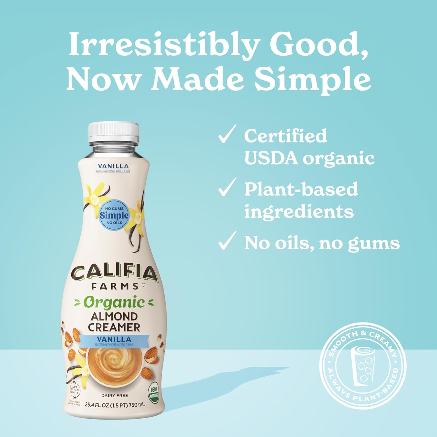 Califia Farms - Organic Vanilla Almond Milk Coffee Creamer, 25.4 Oz, Dairy Free, Plant Based, Vegan, Gluten Free, Non GMO, Almond Creamer, Almond Milk, USDA Organic
