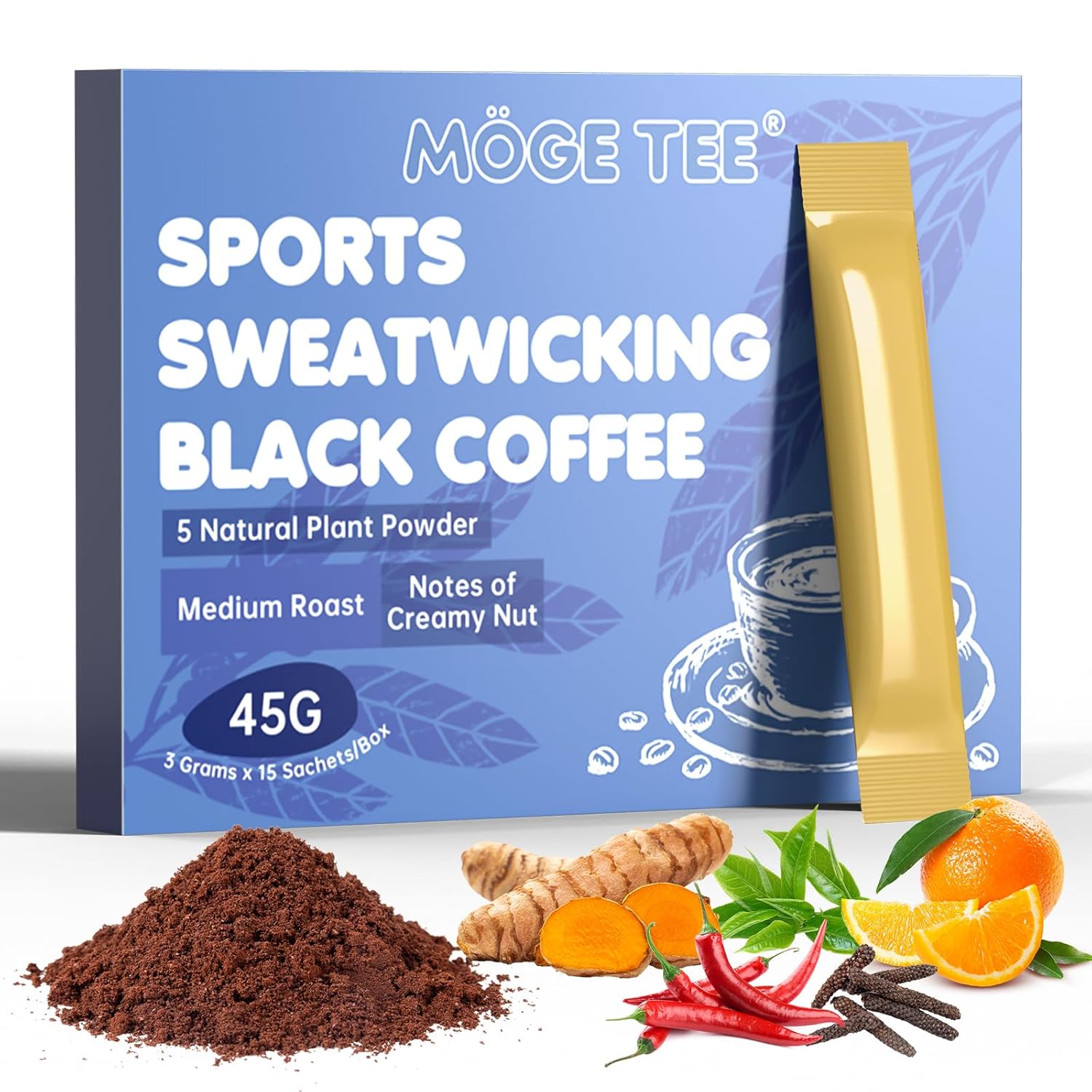 MOGE TEE 5 in 1 Sports Black Coffee, Cold Brew Arabica Coffee Bean Powder, Medium Roast Instant Ground Coffee, 15 Packets