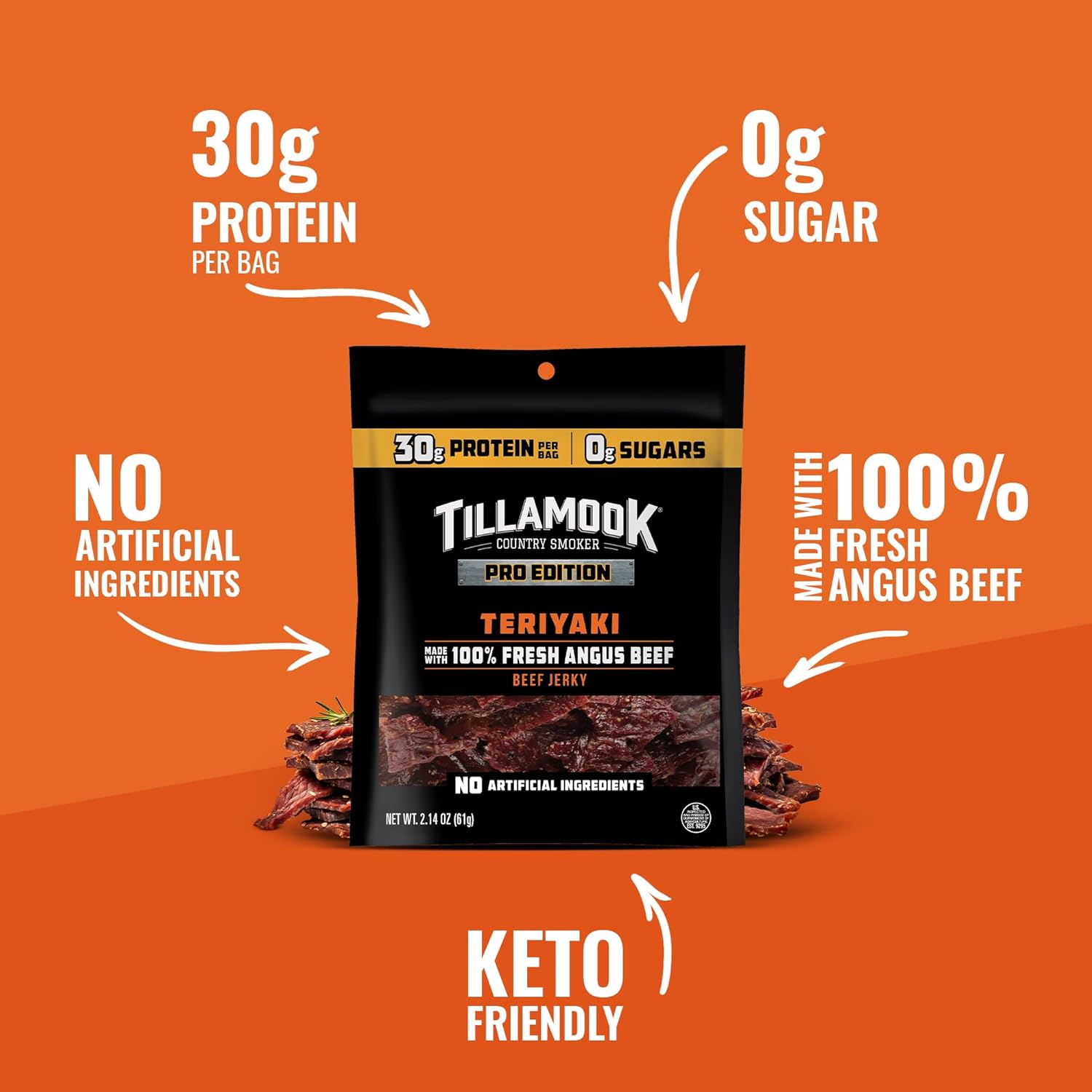 Tillamook Beef Jerky, Country Smoker PRO Edition, Zero Sugar Teriyaki, 2.14 Oz (3 Pack) Real Hardwood Smoked Fresh Angus Beef, Low Carb, High Protein Ready to Eat Keto Snack for Athletes, Gluten Free