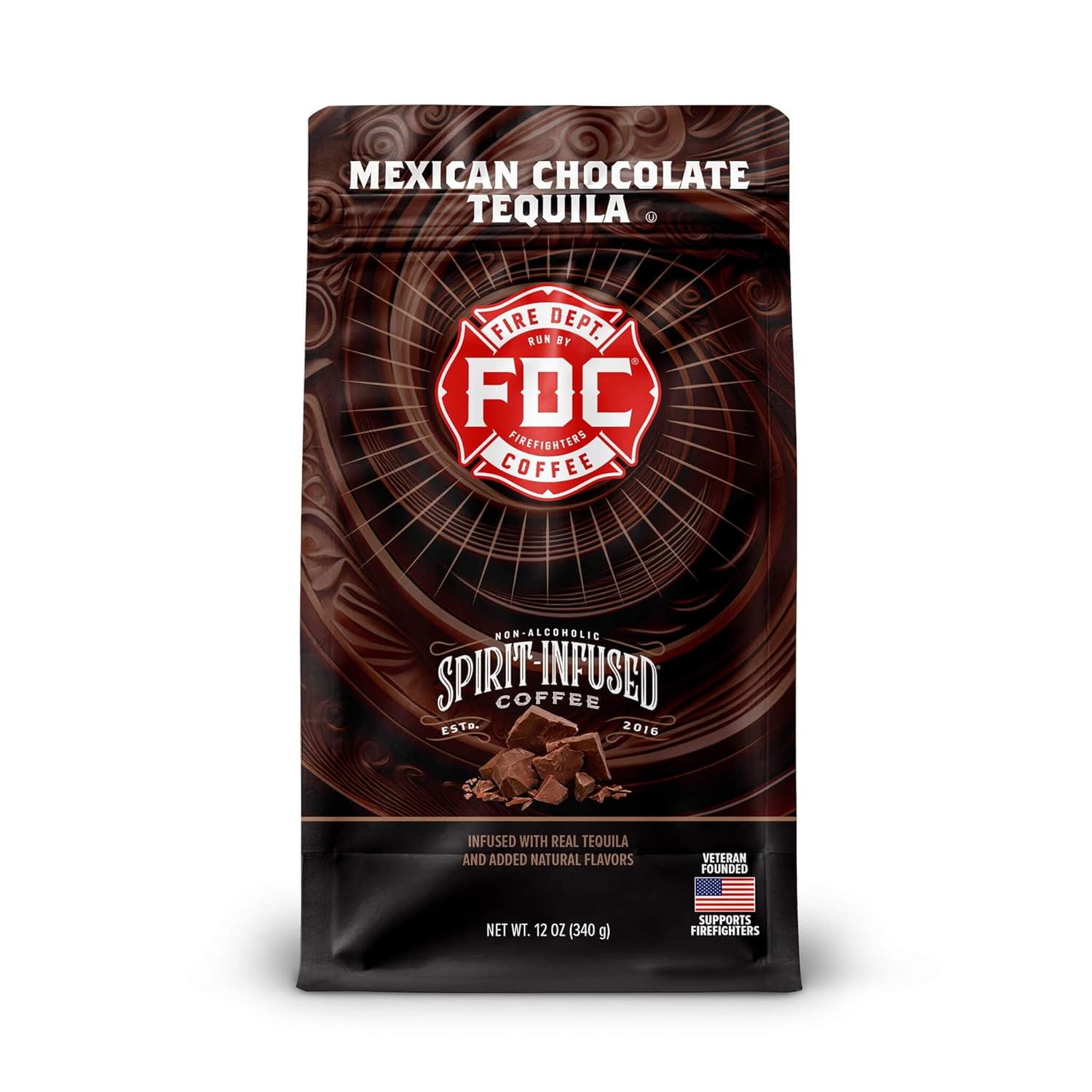 Fire Department Coffee - Gives Back to Firefighters - Mexican Chocolate Tequila Infused Whole Bean Coffee - Medium Roast - Non-Alcoholic - Roasted in the USA - Veteran Owned - 12 oz