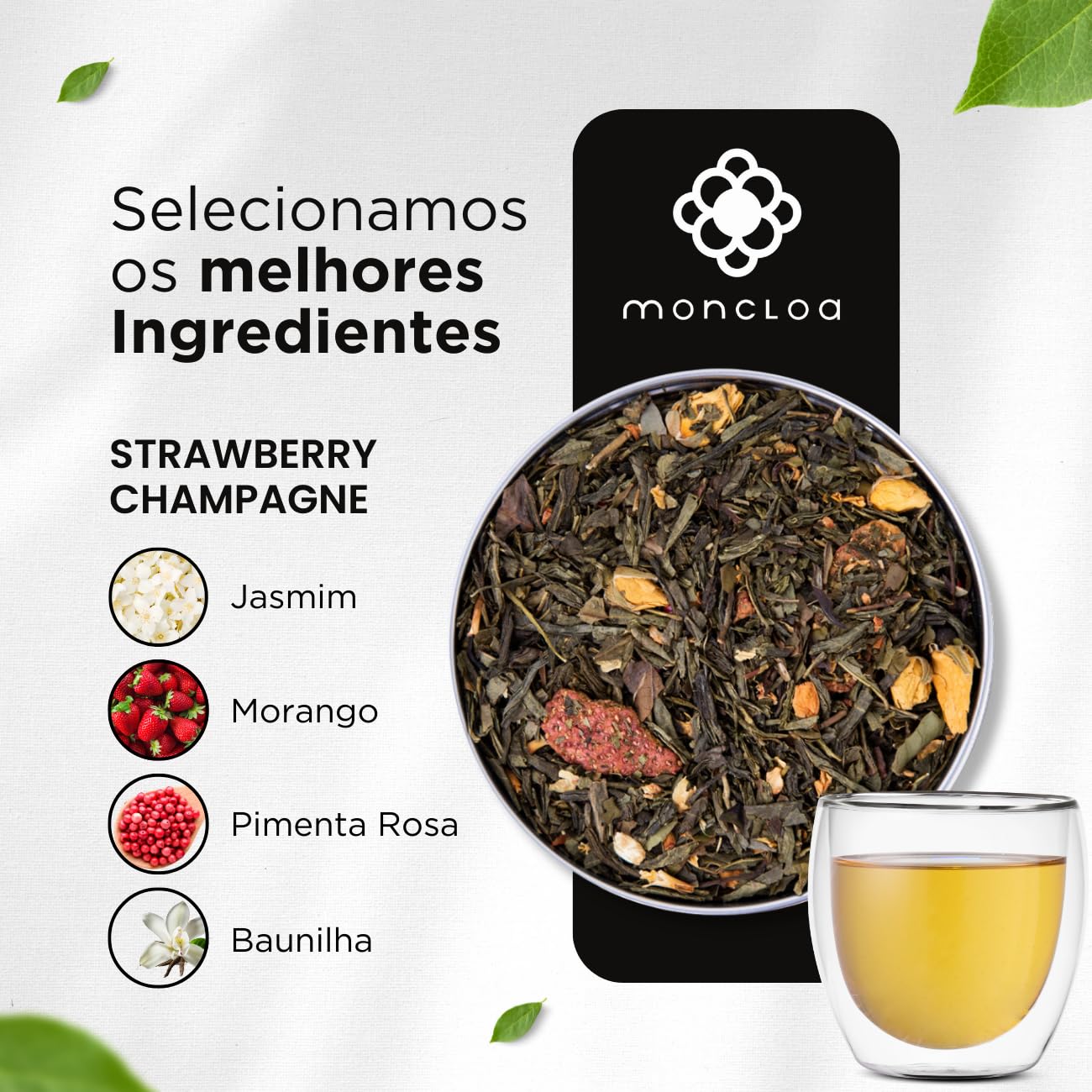 MONCLOA STRAWBERRY CHAMPAGNE - Premium Green and White Loose Leaf Tea w/ Strawberry, Jasmin, Pink Pepper. Antioxidant, Energizer. Pouch 2.8oz/80g.