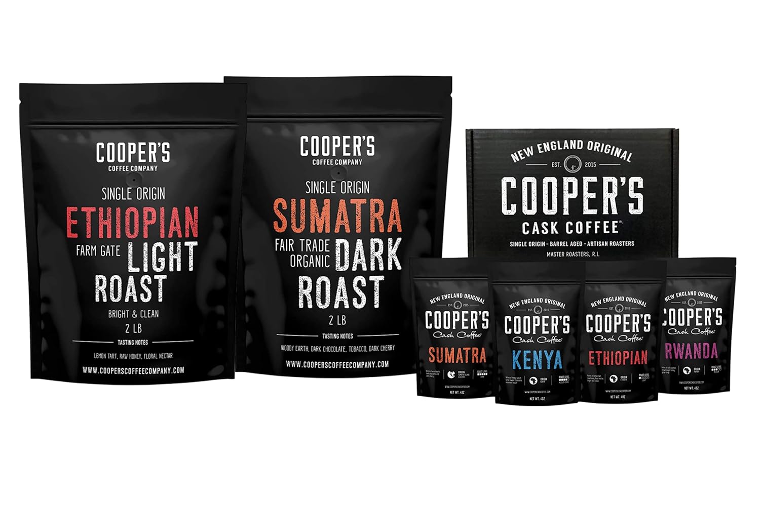 Gourmet Coffee Sampler Gift Box Set - 4 Bags 1Lb Total, Organic Dark Roast Sumatra 2Lbs and Ethiopian Bold Light Roast Grade 1 2Lbs, Whole Bean Coffee