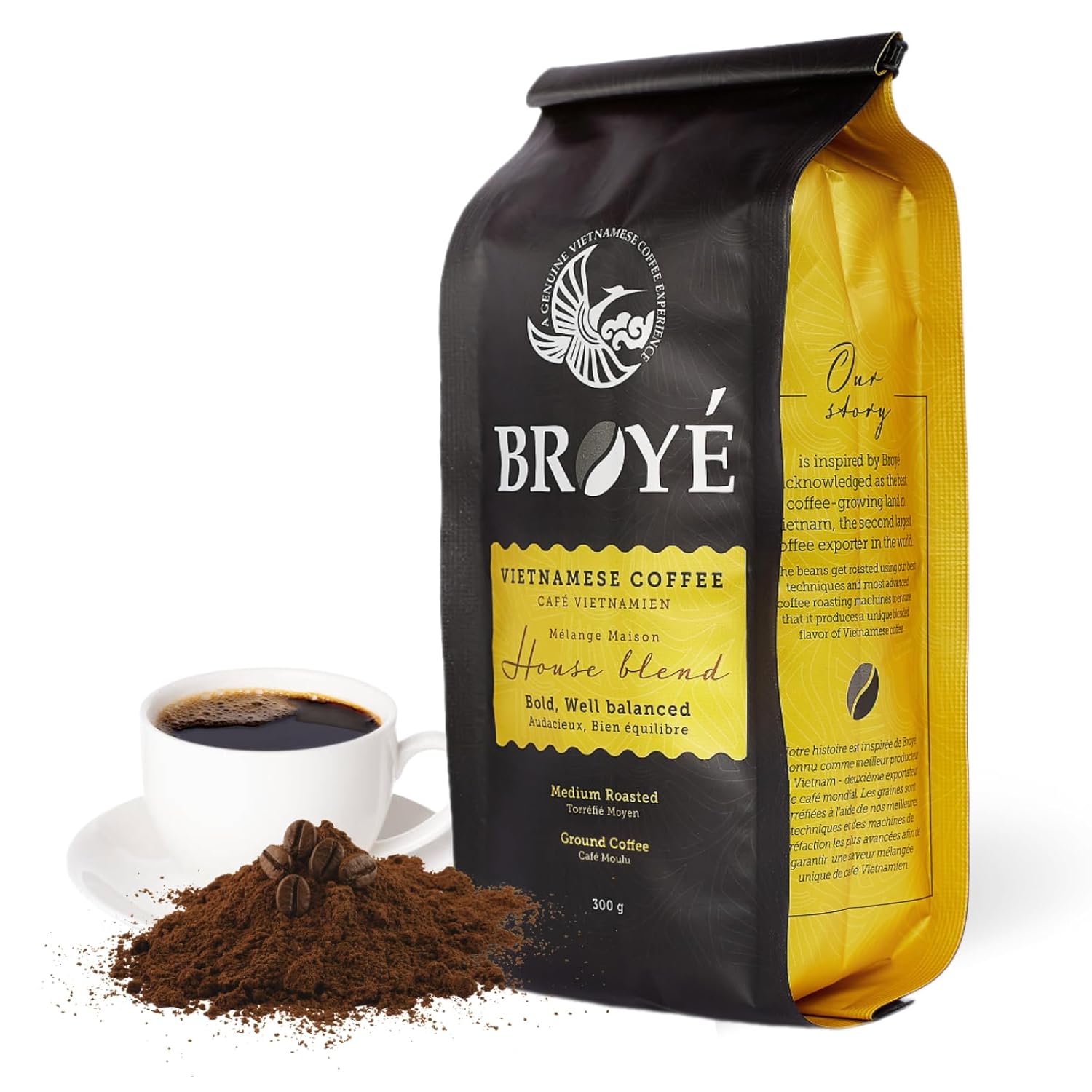 Broyé Medium Roasted Ground Coffee, Vietnamese coffee ground, ground coffee medium roast of Arabica and Robusta Coffee, Vietnamese Ground Coffee for Cold Brew and Espresso, Strong Flavor (10.5 Oz Bag)