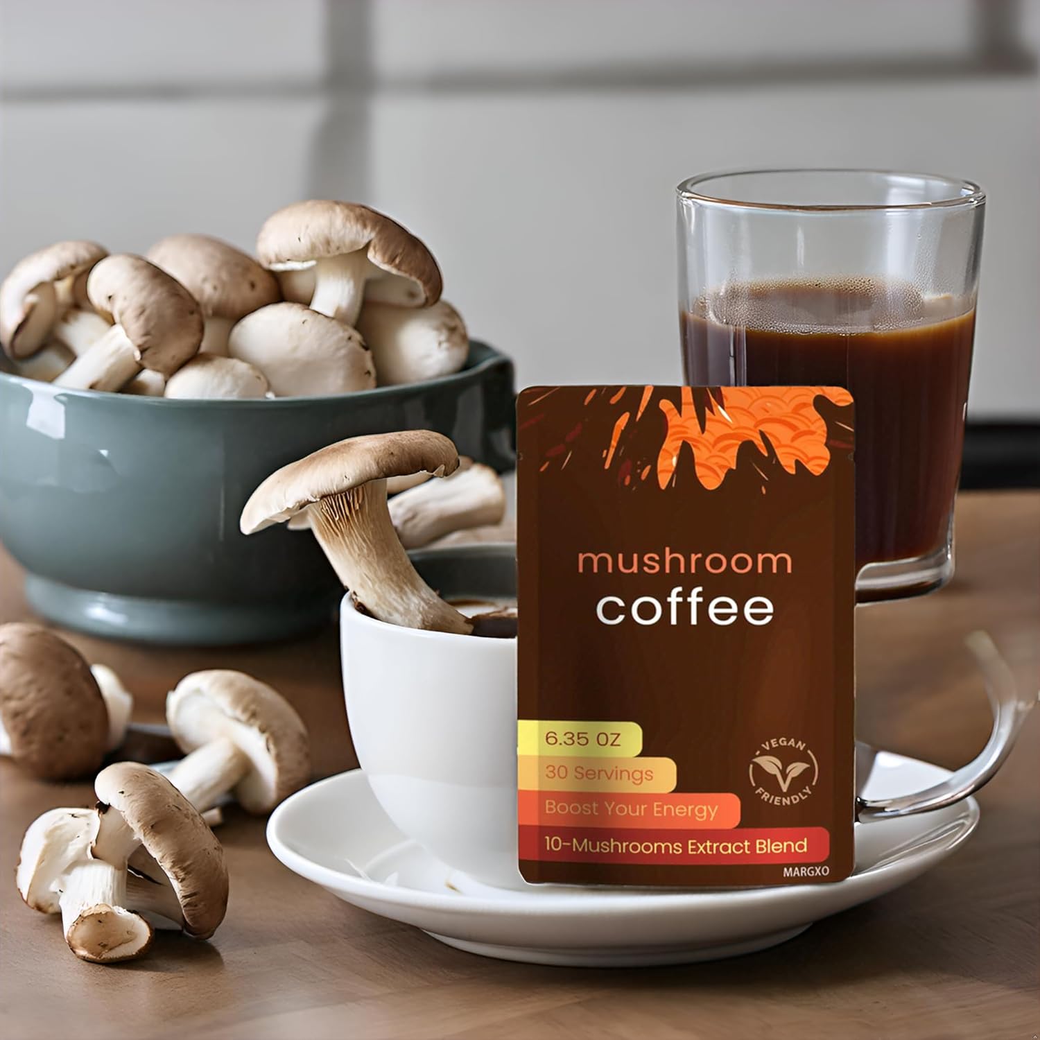 Mushroom Coffee, 6.35 oz, 30 Servings, 10-Mushrooms Extract Blend, Boost Your Energy, Contains Coconut Milk