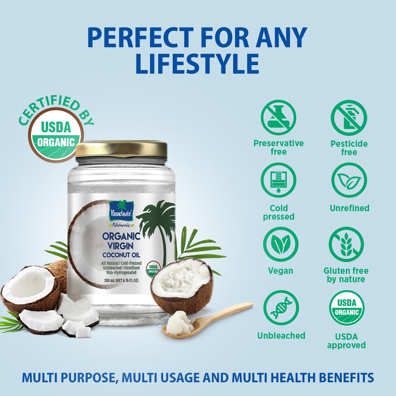 Parachute Naturalz Virgin Coconut Oil | 100% Organic Cooking Oil, Hair Oil and Body Oil | Cold Pressed | USDA Certified |16 Fl. Oz | Glass Jar