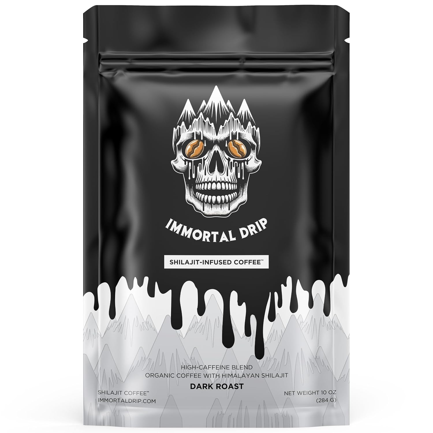 Shilajit Coffee - Immortal Drip, Organic Dark Roast Ground Coffee, Himalayan Shilajit-Infused, High-Caffeine, Vitamins - Fulvic Acid & 85+ Minerals