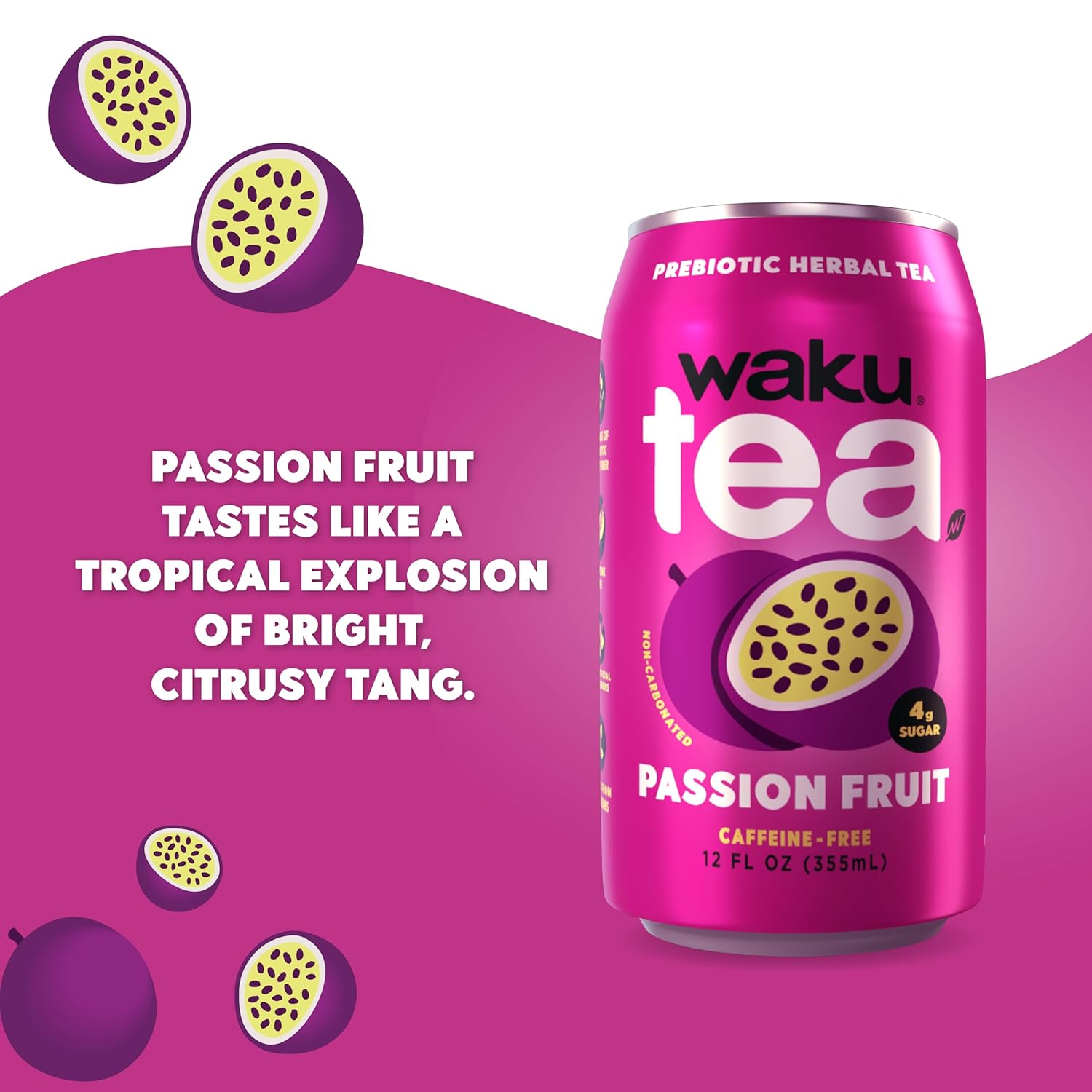 WAKU TEA, Prebiotic Herbal Tea, Passion Fruit, Supports Digestive & Gut Health, Keto Friendly, Zero Added Sugar, 5g Fiber, Caffeine Free, Natural Sweetner, 12 pack, 12oz Cans