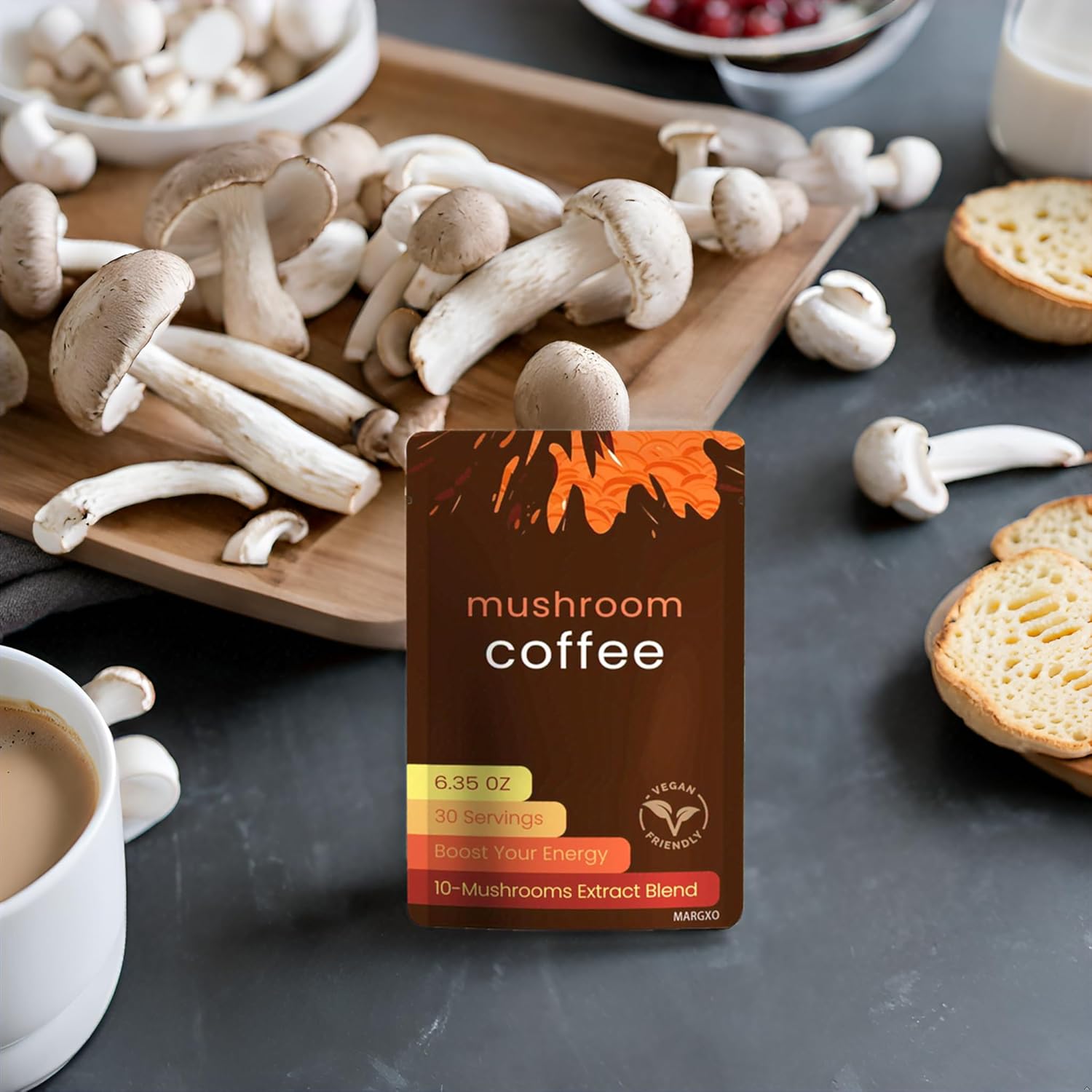 Mushroom Coffee, 6.35 oz, 30 Servings, 10-Mushrooms Extract Blend, Boost Your Energy, Contains Coconut Milk