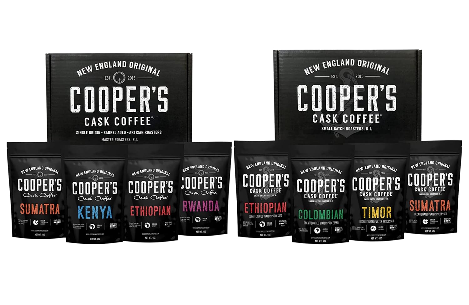 Decaffeinated Gourmet Coffee Sampler Gift Box Set - Whole Beans - 4-Pack - 4oz and Gourmet Coffee Sampler Gift Box Set - Whole Beans Coffee - 4-pack 4oz