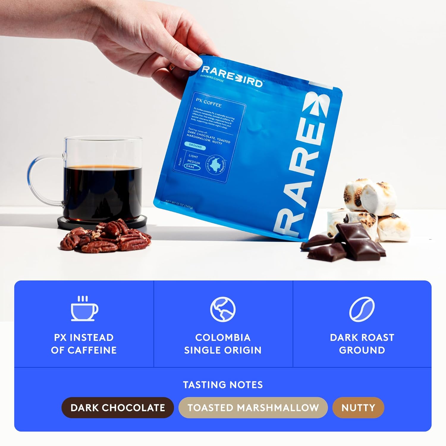 Rarebird Px Coffee – Award-Winning Dark Roast with Paraxanthine | Low Acid Single-Origin Decaf Coffee | Smoother Energy, Enhanced Focus, Better Sleep | Ground, 12oz (56 Servings)
