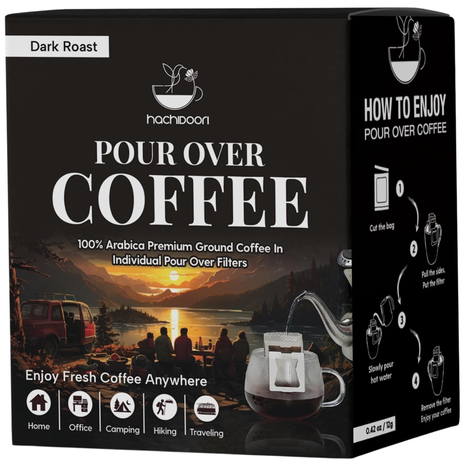 Hachidoori Single-Serve Portable Pour Over Drip Coffee – 7 Ready-to-Brew Packs with Ground Coffee & Filters | Fresh Coffee Anytime – Travel, Camping, Office.