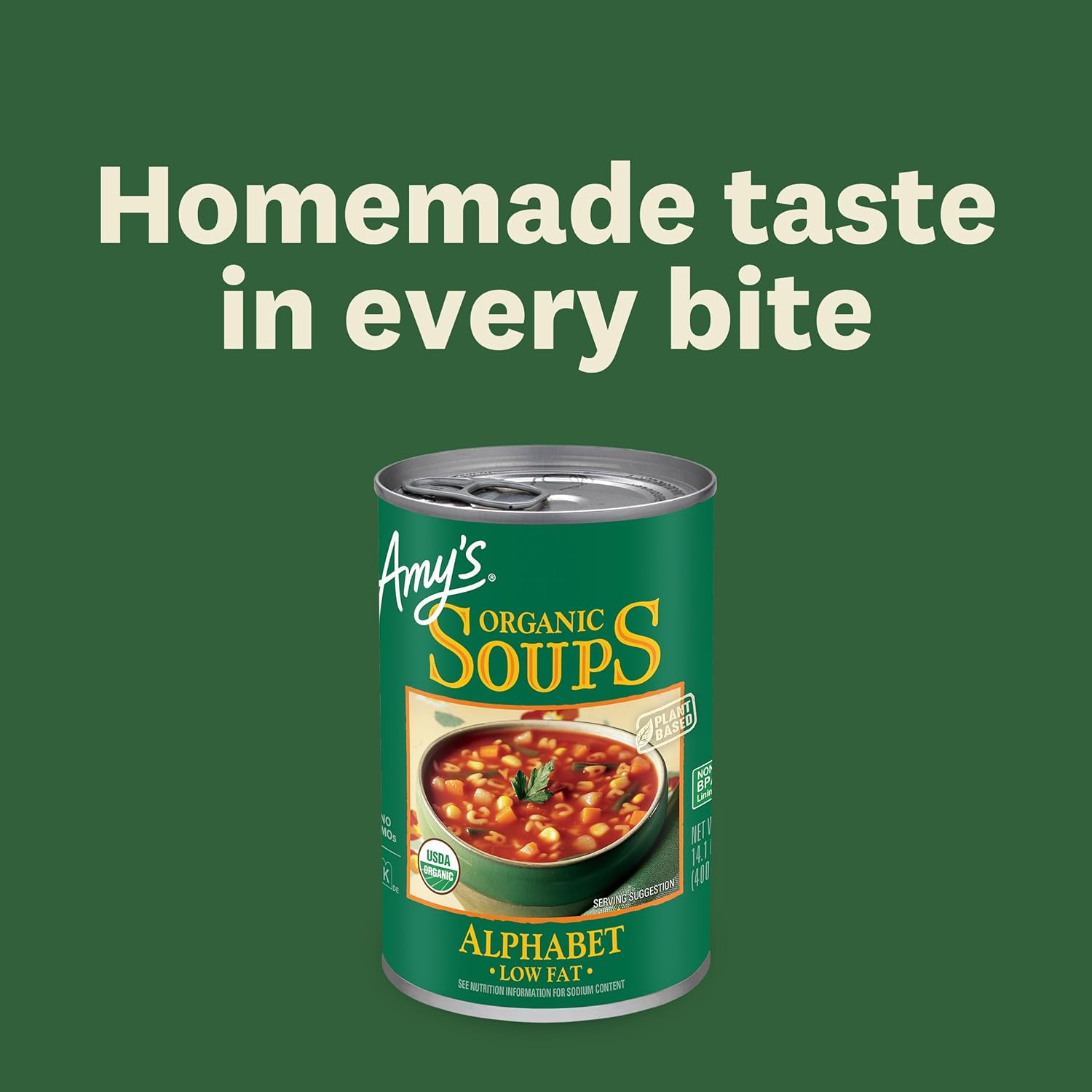 Amy’s Soup, Vegan Alphabet Soup, Low Fat, Made With Organic Potatoes, Carrots and Green Beans, Canned Soup, 14.1 Oz (12 Pack)
