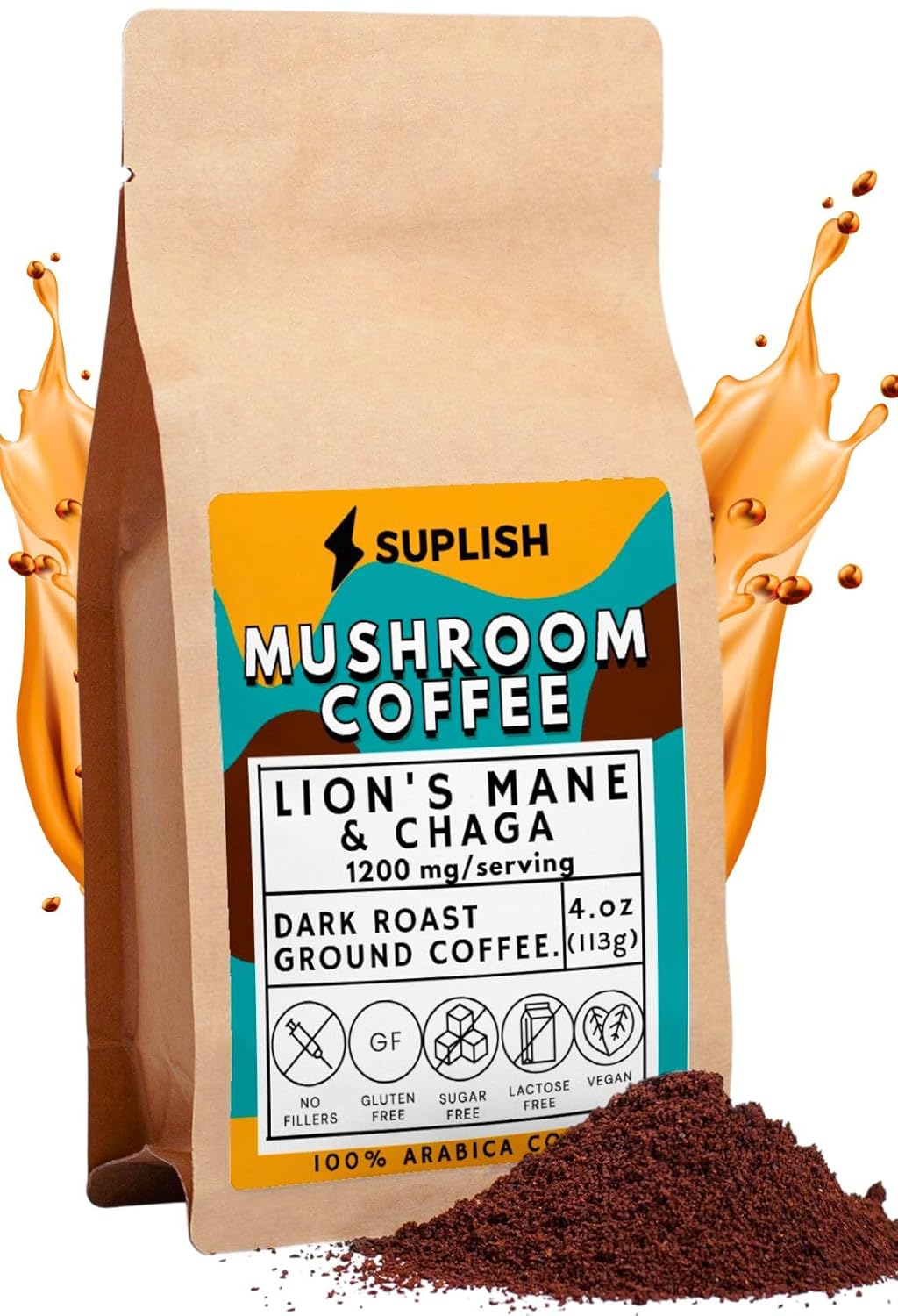Mushroom Coffee Ground Coffee Dark Roast with Lions Mane Supplement & Chaga - by SUPLISH - 4 oz