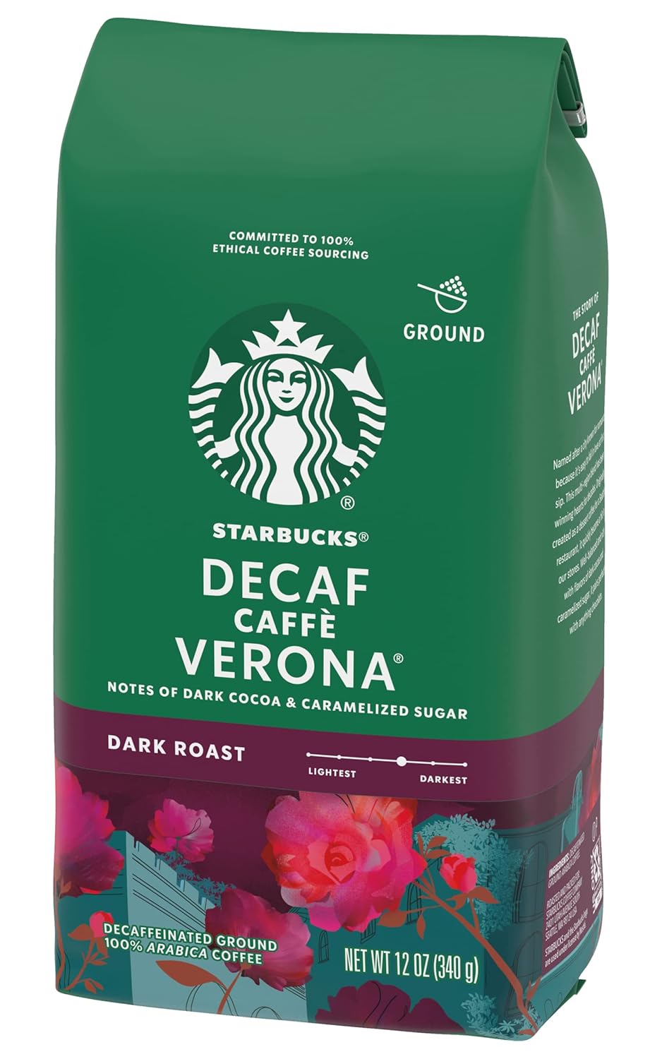 Starbucks Decaf Ground Coffee, Caffè Verona, Dark Roast Decaffeinated Ground 100% Arabica Coffee, Notes of Dark Cocoa & Caramelized Sugar, 12-Ounce Bag (Pack of 2)