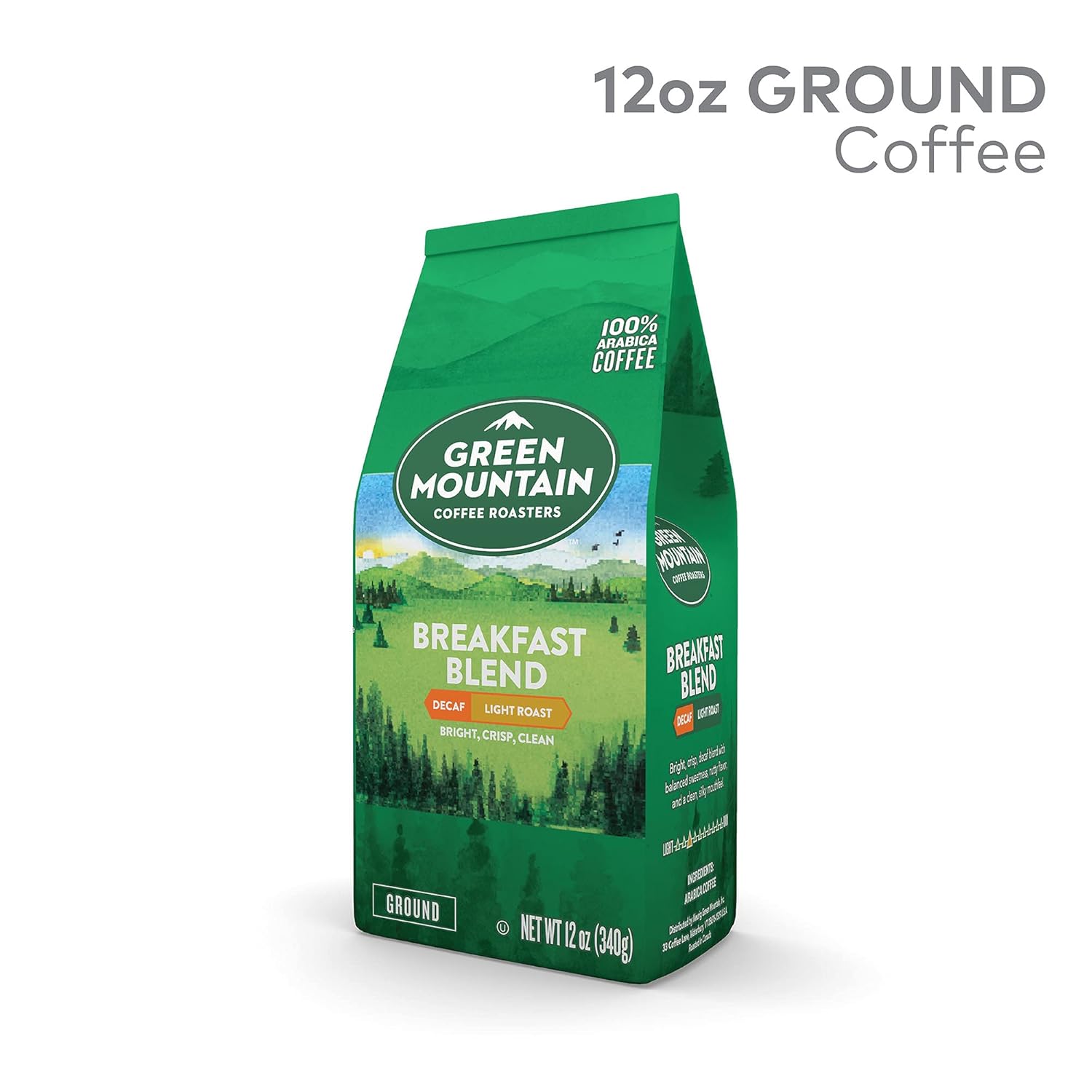 Green Mountain Coffee Roasters, Breakfast Blend Decaf, Ground Coffee, Decaffeinated, Light Roast, Bagged 12oz. (Pack of 2)