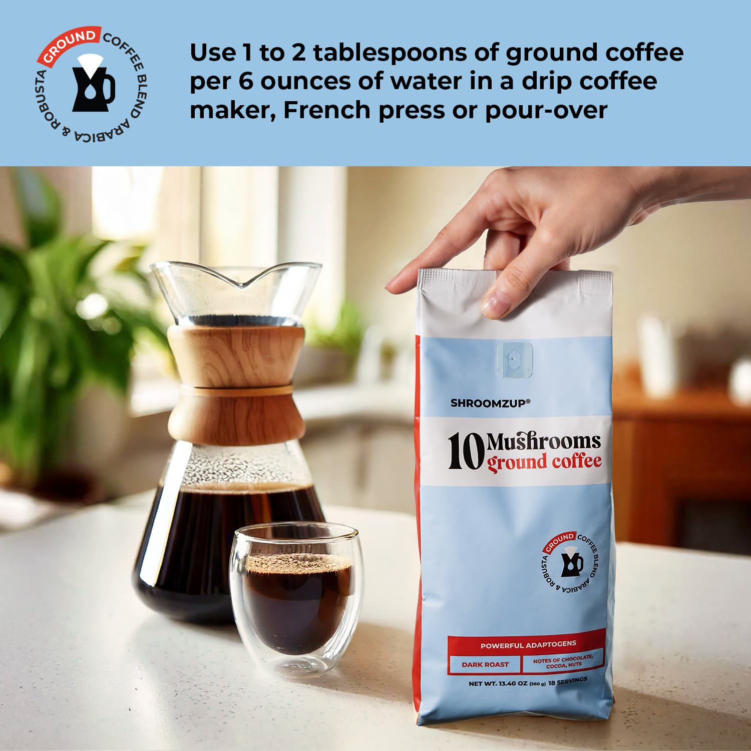 Shroomzup Ground Mushroom Coffee for Brewing - 10 Mushrooms Dark Roast - Lion's Mane, Reishi, Chaga, Turkey Tail, Cordyceps, Shiitake Mushroom Coffee for Energy and Focus - 13oz Bag