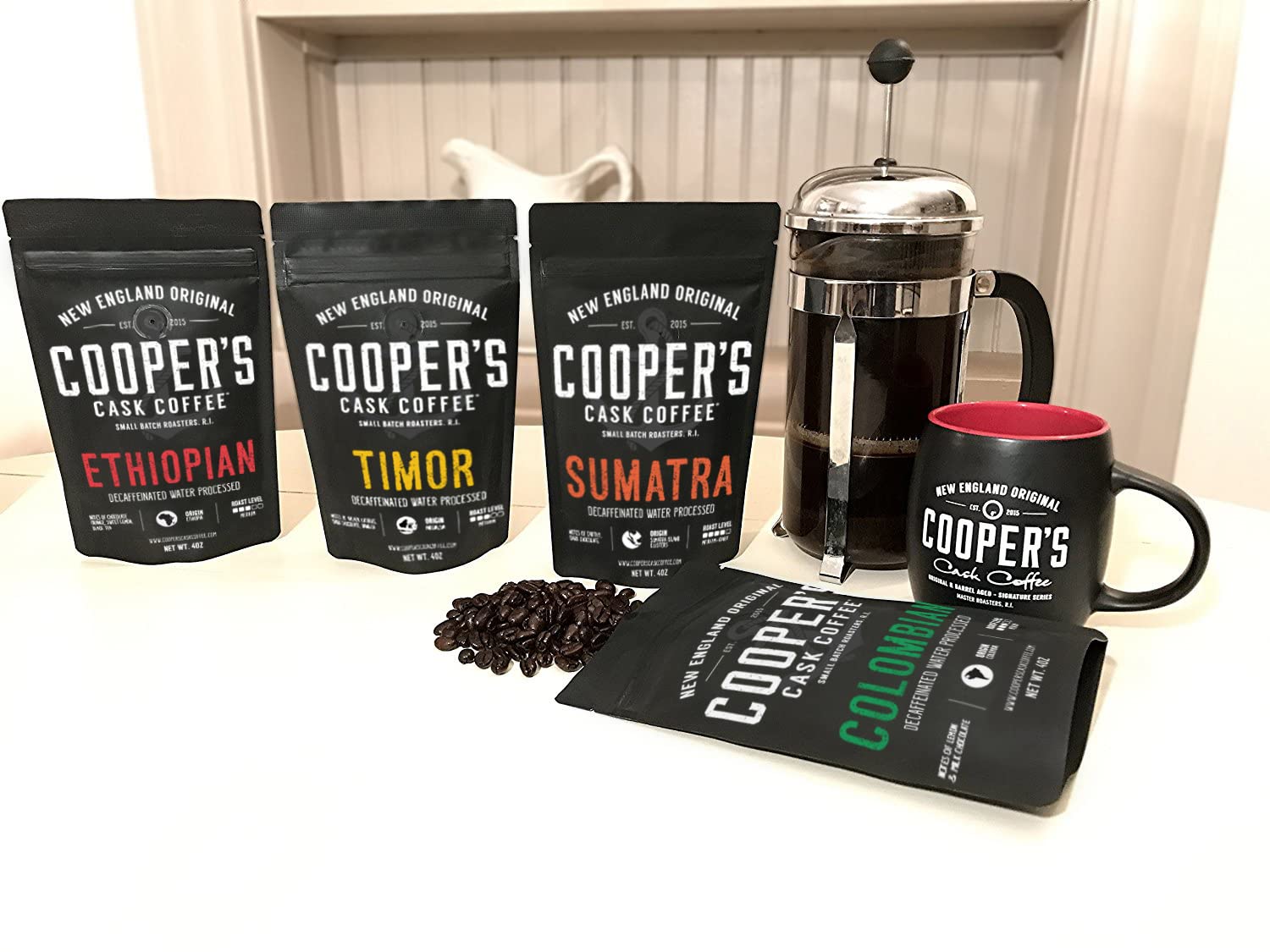 Decaffeinated Gourmet Coffee Sampler Gift Box Set - Whole Beans - 4-Pack - 4oz and Gourmet Coffee Sampler Gift Box Set - Whole Beans Coffee - 4-pack 4oz