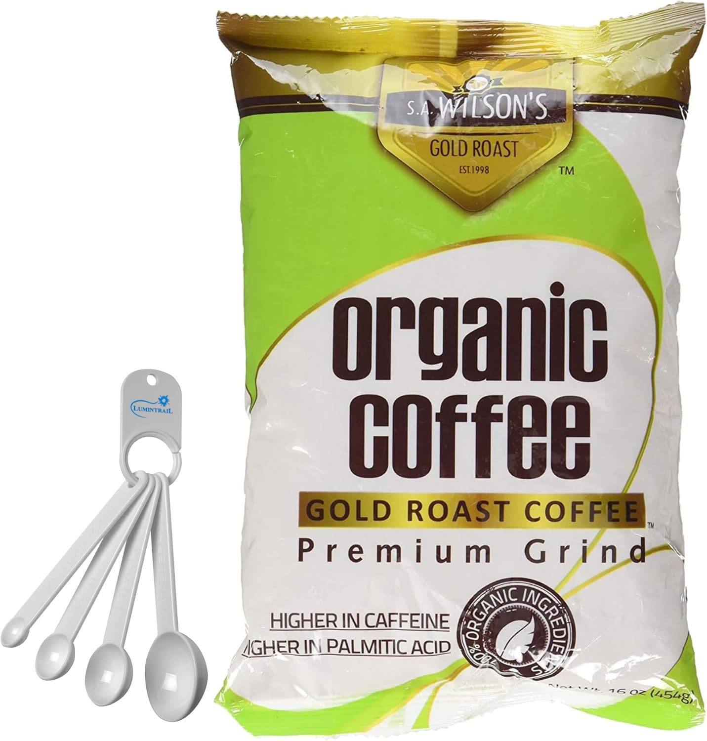 SA Wilson's Organic Enema Coffee, Ground, Certified Organic, 1 LB Gold Roast, High Caffeine, 1 Pack Bundle With Lumintrail Measuring Spoon Set