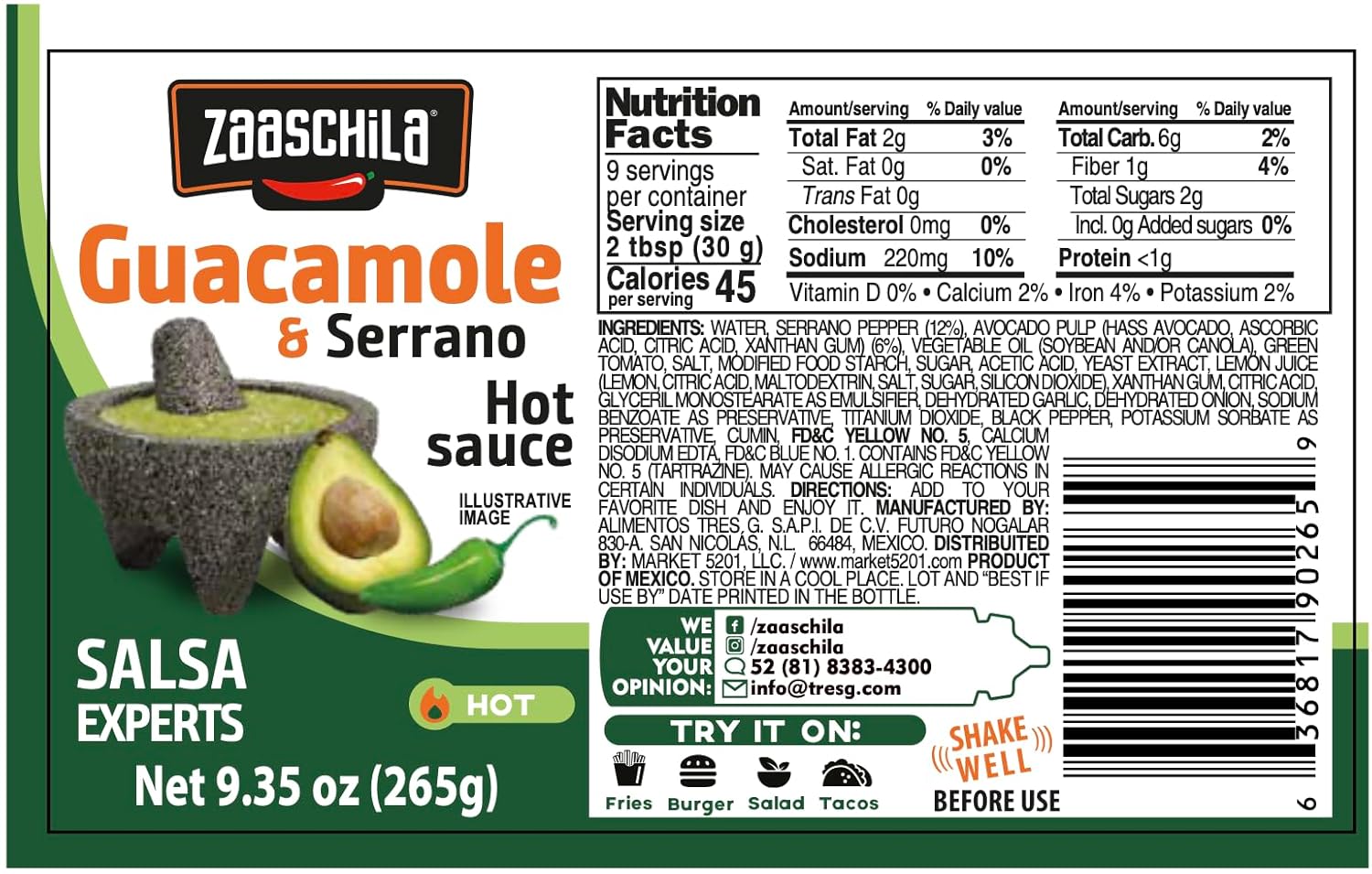 Zaaschila Guacamole & Serrano Sauce - 9.35oz (265g) - Creamy & Spicy Flavor, Perfect for Tacos, Chips, and Dips