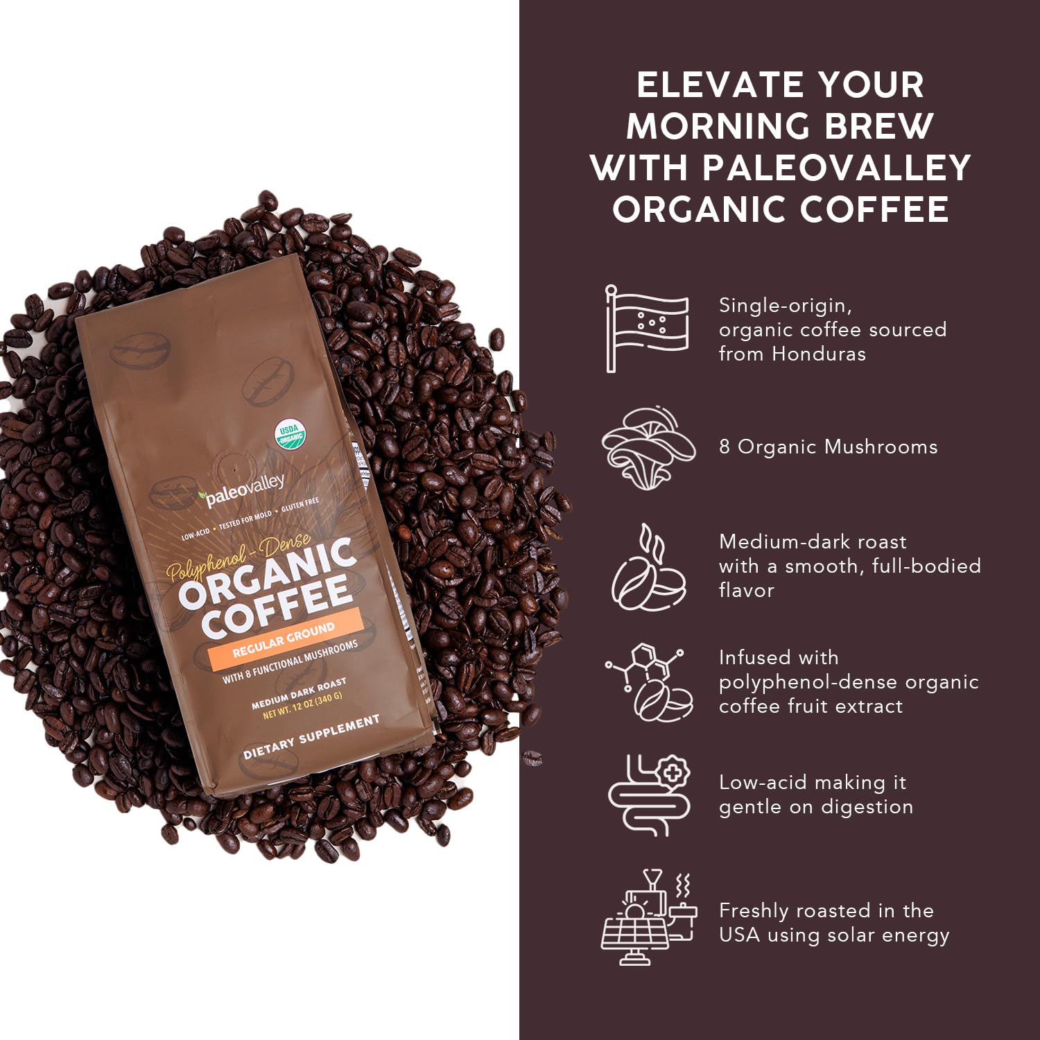 Paleovalley Organic Ground Coffee, 12oz - Regular, Low Acid, Single-Origin, Polyphenol-Rich, Infused with Mushrooms & Coffee Fruit Extract