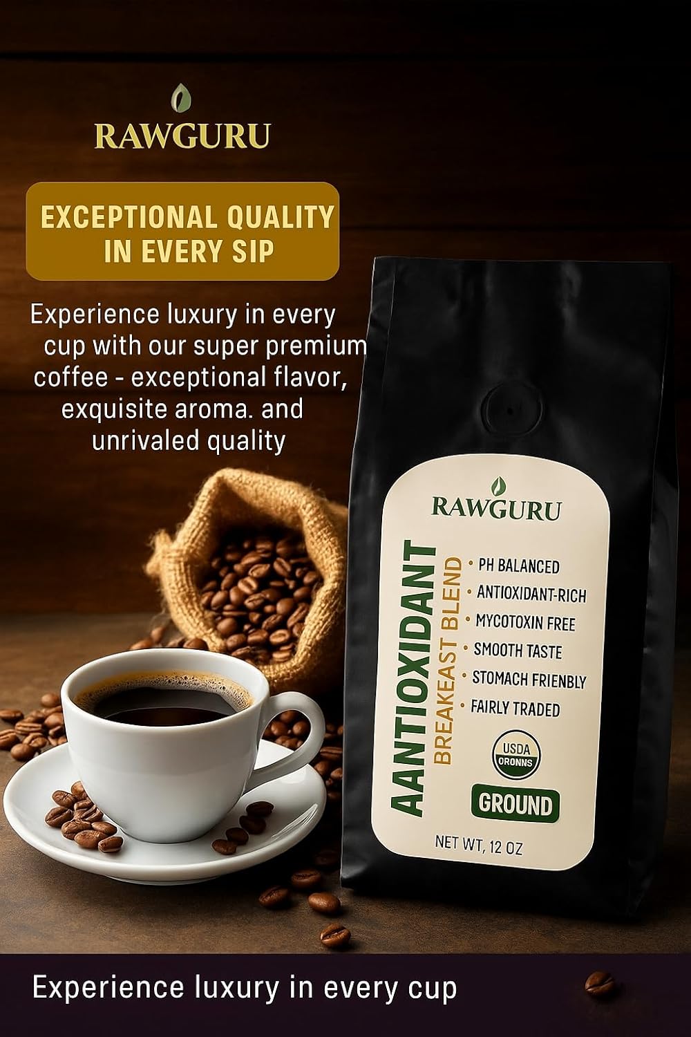 RawGuru Organic Antioxidant Coffee Breakfast Blend, Gluten-Free, Fairly Traded, Shade Grown and Rainforest Alliance Certified, Arabica Ground Coffee, 12 oz