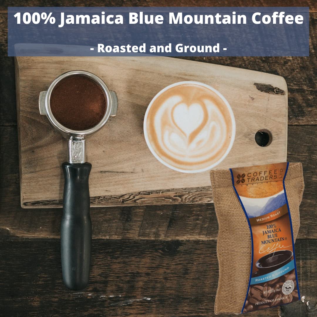 Coffee Traders One-hundred Percent Jamaica Blue Mountain Coffee with Certificate of Origin, Medium Roasted and Ground, 8 Ounce Bag
