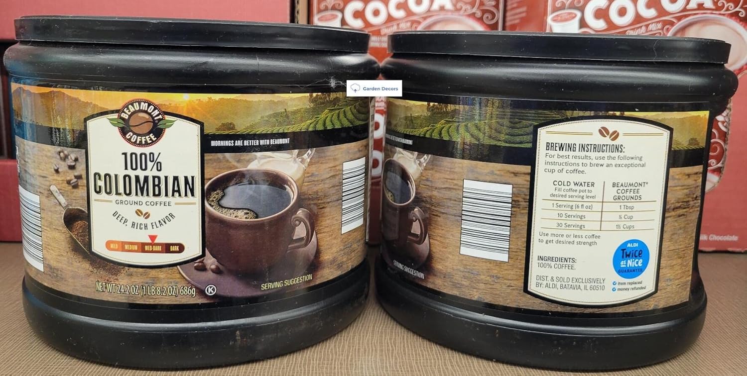 Beaumont Coffee 100% Colombian Ground Med-Dark Coffee Deep Rich Flavor 24.2oz 686g (Two Jars)