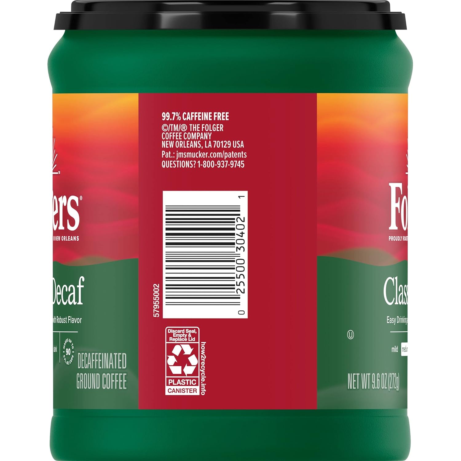 Folgers Decaf Coffee, Ground Coffee, Classic Medium Roast, 9.6 Ounce Canister
