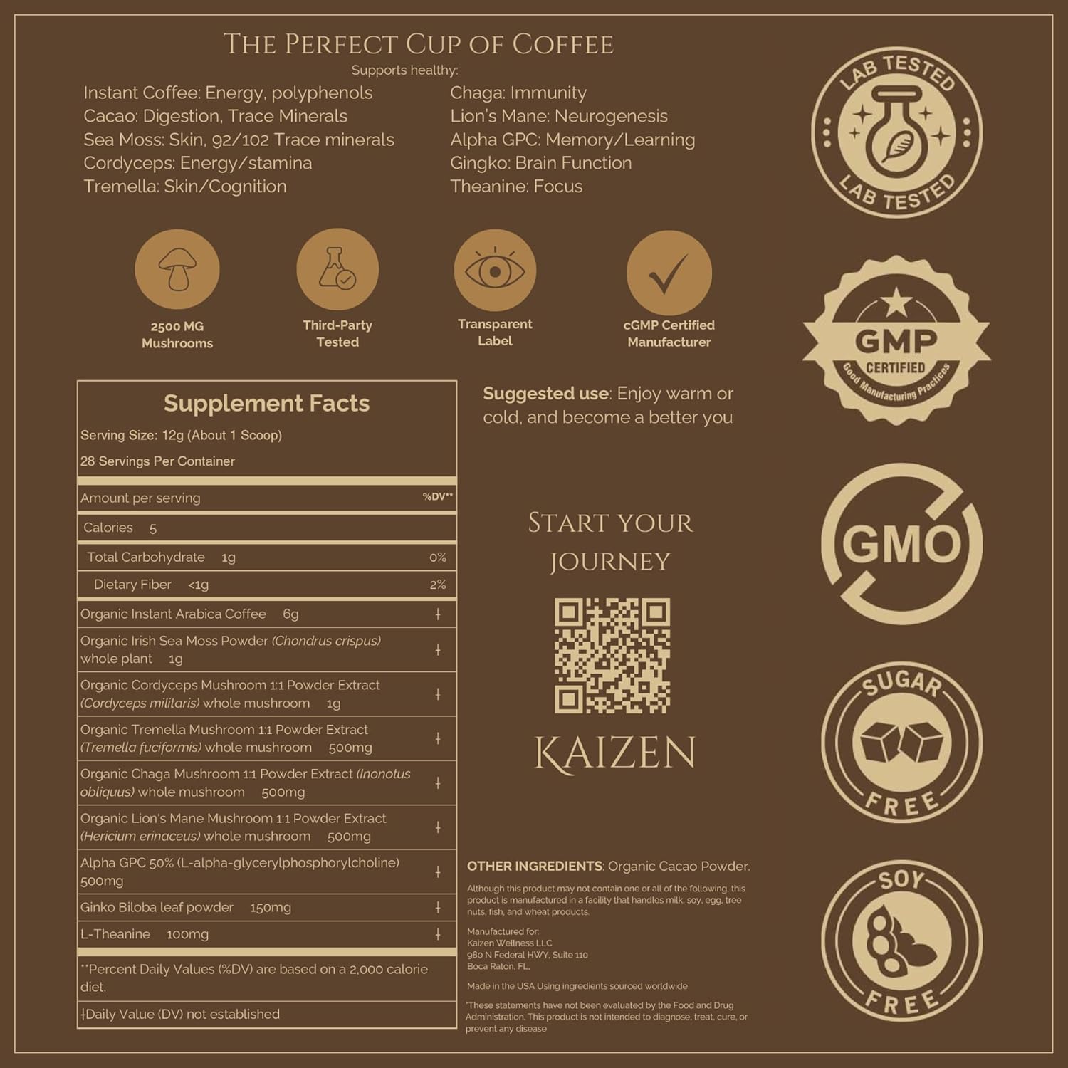 Kaizen Coffee - Premium Mushroom Nootropic Blend With Irish Sea Moss, Coffee, Mushrooms, Cacao, Theanine - Performance, Clarity, Energy, Wellness - Clean Caffeine - Adaptogenic Instant Powder - 12.7oz