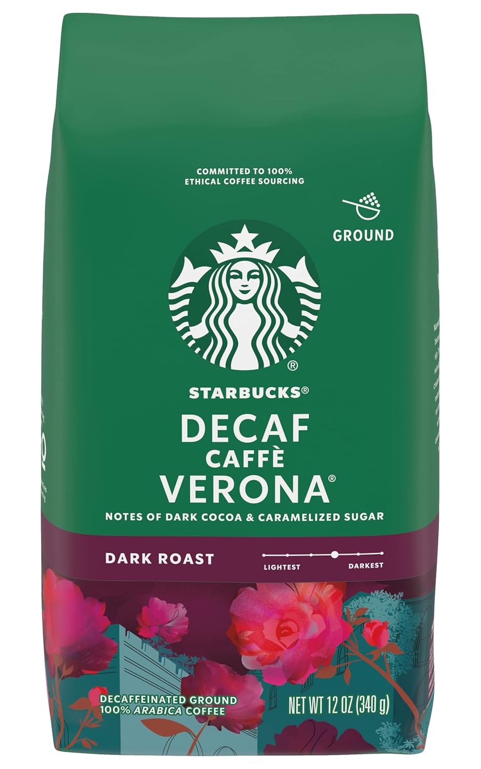 Starbucks Decaf Ground Coffee, Caffè Verona, Dark Roast Decaffeinated Ground 100% Arabica Coffee, Notes of Dark Cocoa & Caramelized Sugar, 12-Ounce Bag (Pack of 2)