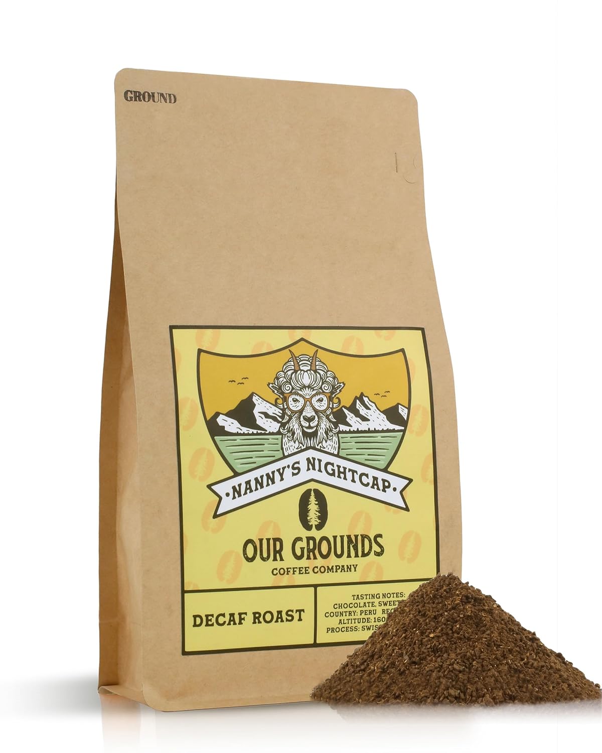 Our Grounds Coffee Nanny's Nightcap - Ground Medium Roast Decaf (100% Arabica Peruvian Coffee) Non GMO- Low Acid- Single Origin - 12oz