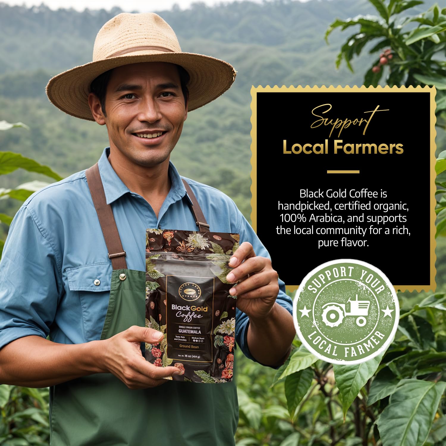 Black Gold – Organic Guatemalan Coffee, Single Origin, 100% Arabica, Medium Roast Whole Bean, Low Acid, Smooth, Chocolatey Flavor – 16 oz Bag