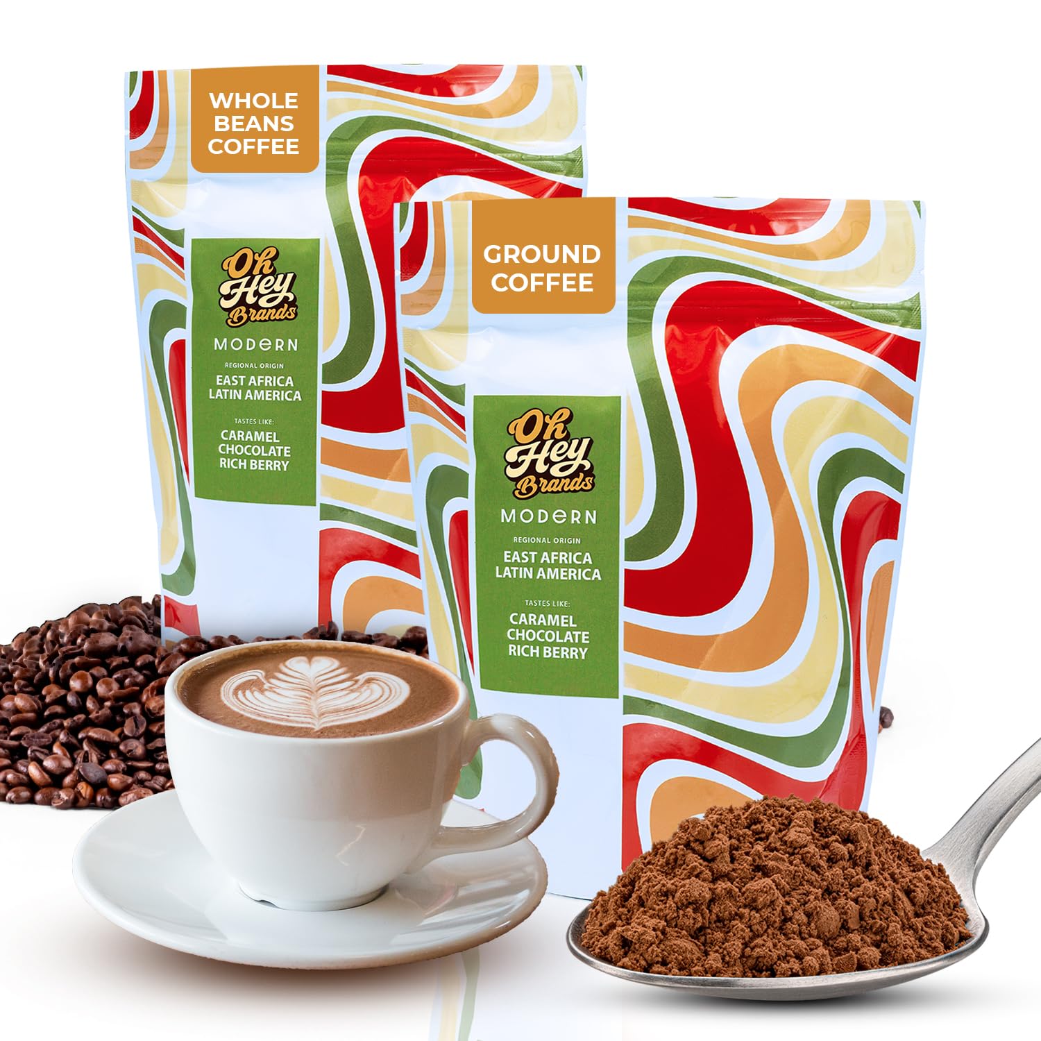 OH HEY BRANDS Coffee Bundle – Whole Bean & Ground, Medium Roast – Smooth, Chocolate & Berry Notes – 2x12oz Bags