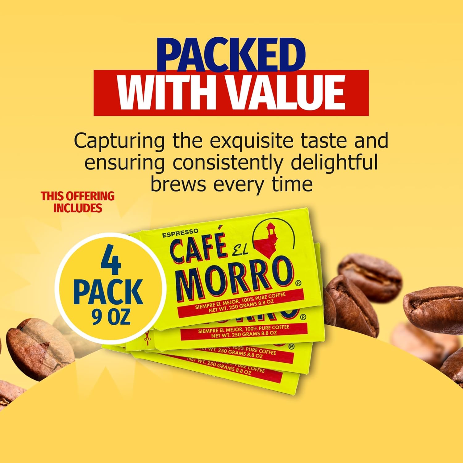 Café El Morro Dark Roast Espresso Ground Coffee, Bulk Coffee, Authentic Puerto Rican Style Coffee, Vacuum Sealed, Ground Espresso Beans, 9 oz (4 Pack)