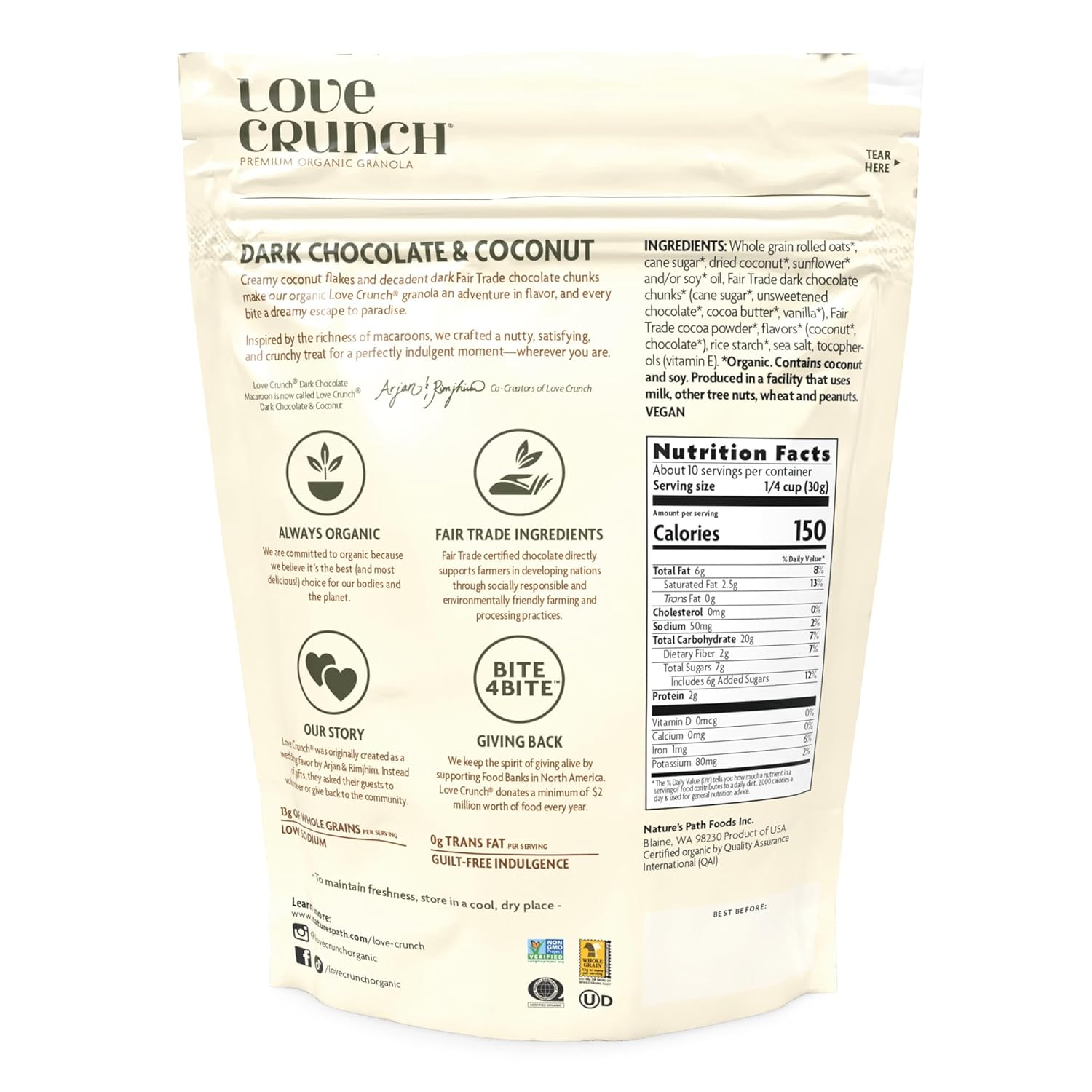 Love Crunch Organic Dark Chocolate & Coconut Granola, 11.5 oz (Pack of 6), Non-GMO, Fair Trade, by Nature's Path