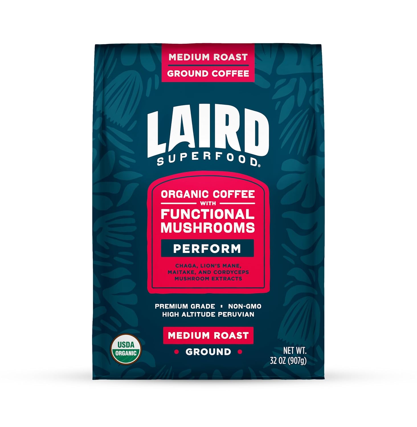 Laird Superfood Peruvian Medium Roast Coffee with Functional Mushrooms, Certified Organic Peruvian Ground Coffee Beans, Gluten-Free, Dairy-Free, Non-GMO, Paleo, Keto Friendly, 32 oz. Bag