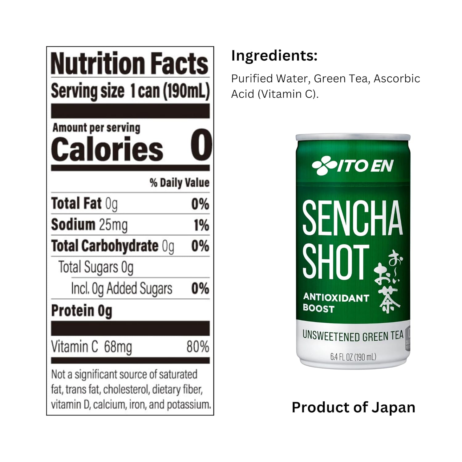 Ito En Sencha Shot, Japanese Green Tea, 6.4 Ounce (Pack of 30), Unsweetened, Zero Calories