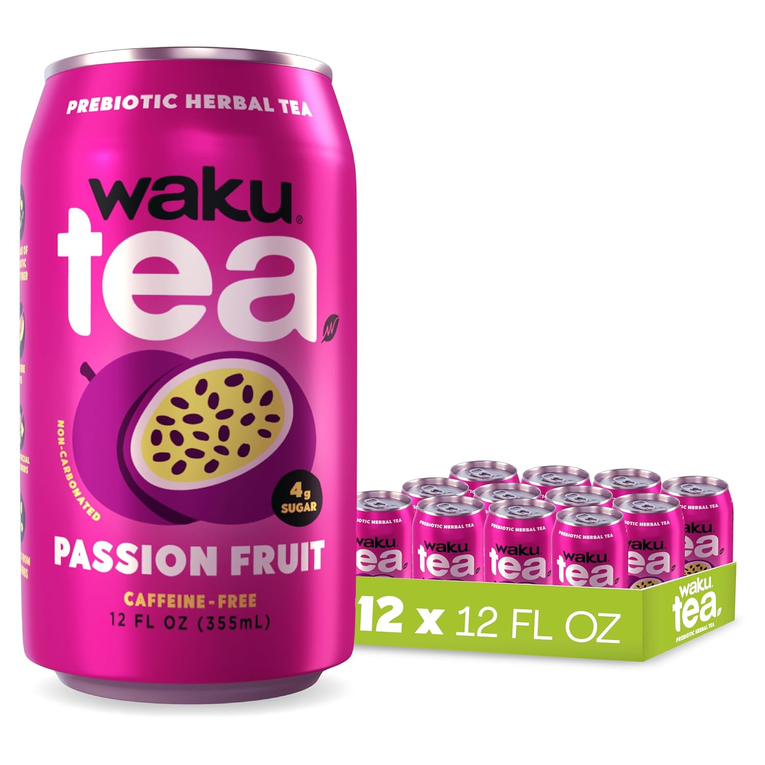 WAKU TEA, Prebiotic Herbal Tea, Passion Fruit, Supports Digestive & Gut Health, Keto Friendly, Zero Added Sugar, 5g Fiber, Caffeine Free, Natural Sweetner, 12 pack, 12oz Cans