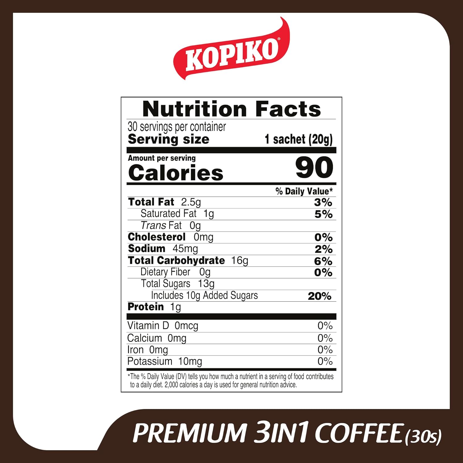 KOPIKO Premium 3 in 1 Instant Coffee Mix – Authentic Indonesian Volcanic Coffee, Strong Yet Smooth, Pre-Mixed with Creamer & Sugar (21.2 OZ in 30 Coffee Sachets)