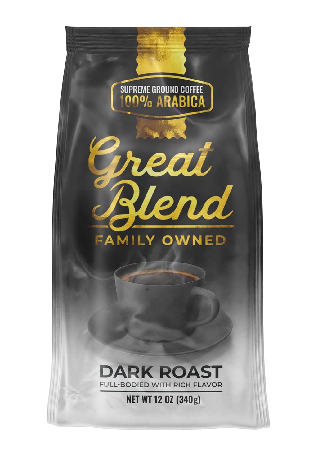 Great Blend Supreme 100% Arabica Dark Roast Gourmet Ground Coffee, Non-GMO 100% Pure and Natural Coffee, Full Bodied with Rich Flavor, 12 Ounce Bag
