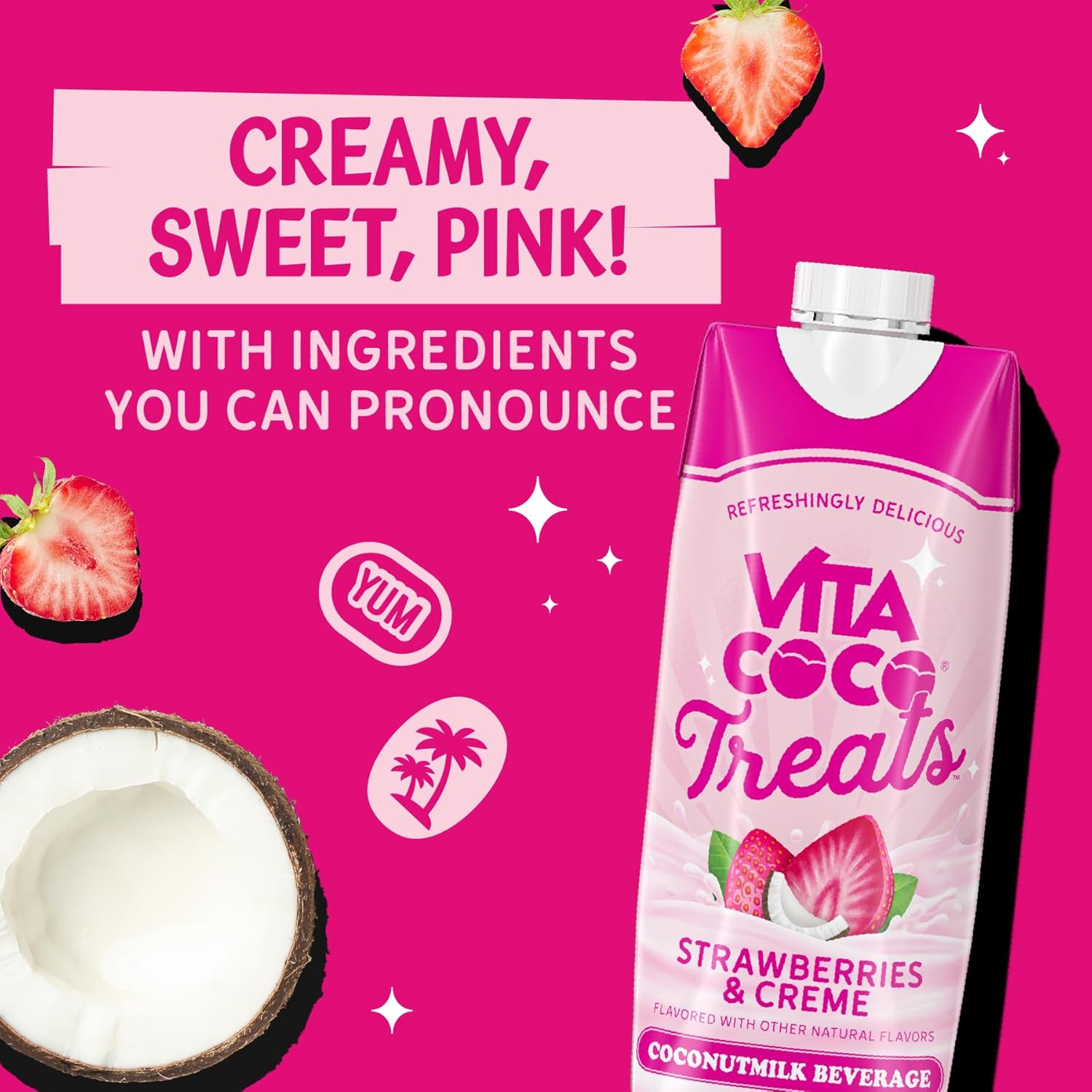Vita Coco Treats Strawberries & Cream Coconut Milk Drink | Sweet, Creamy, Treat | Lower Sugar Pink Drink Alternative| 16.9 fl oz (Pack of 12)