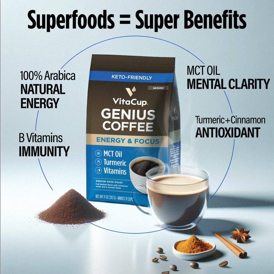Vitacup Genius Ground Coffee & Keto + Collagen Vanilla Coffee Creamer Bundle for Keto Diet, Energy & Focus, 11 oz Ground Coffee Bag & 10 oz Creamer Powder Bag