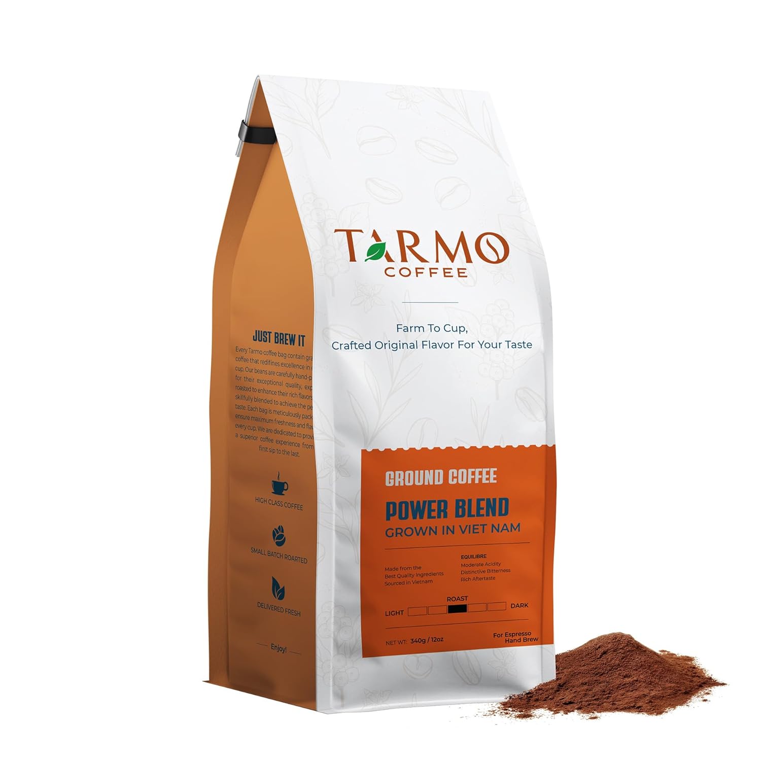Tarmo Coffee | POWER BLEND | Low Acid Ground Coffee | Specialty Vietnamese Coffee | Premium Arabica & Robusta Blend, Medium Roast Coffee, 12 Oz Bag