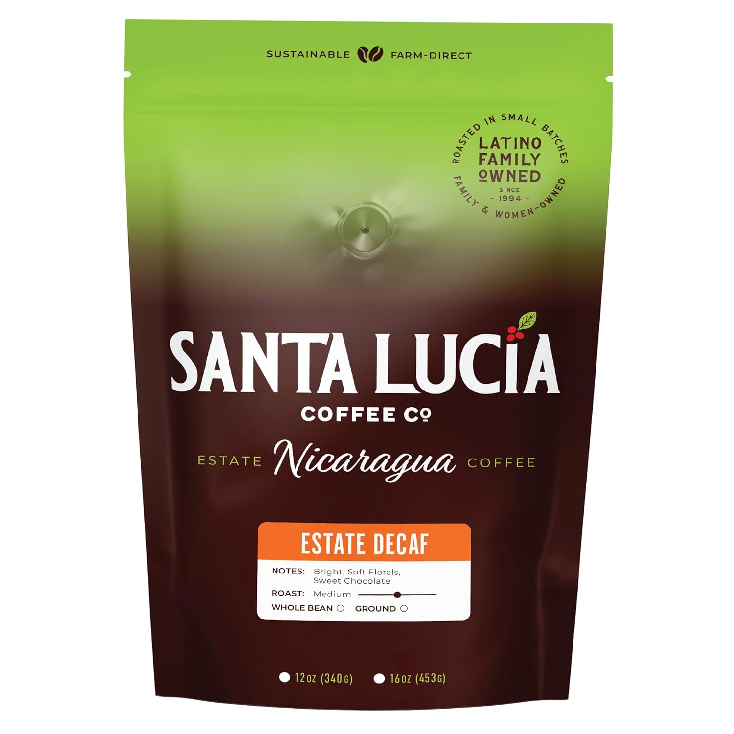 Specialty Volcanic Nicaraguan - Estate Decaf Roast, Refined & Lush, Low Acid, 91 Point, SHG, Small Batch Roasted, Farm Direct, 100% Single-Origin | Santa Lucia Coffee | Ground 16oz